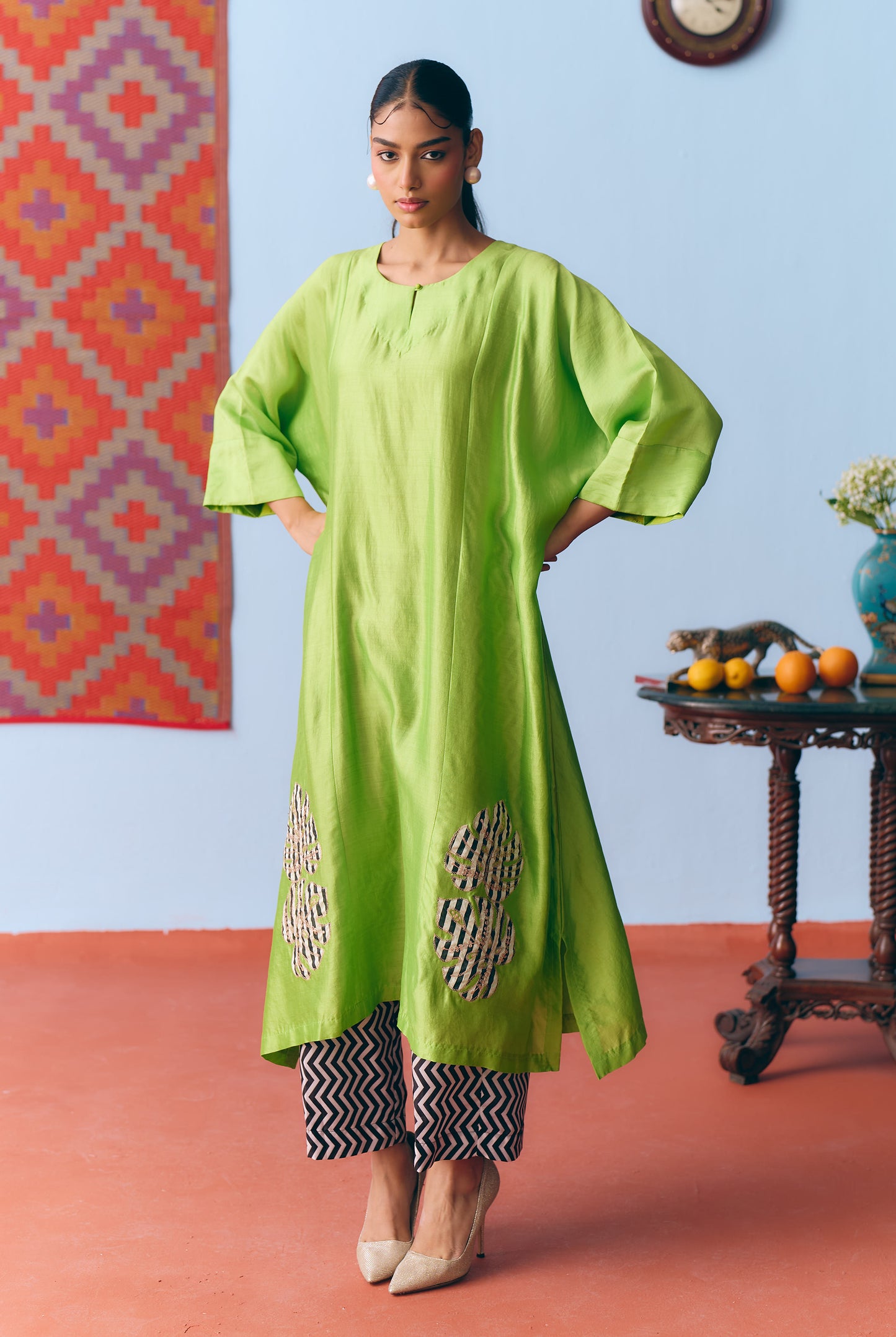 Lime Green Chinya Silk Antifit Co-ord with Zari & Chanderi Patchwork