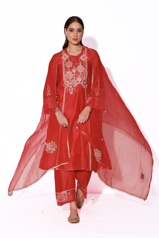 Red Silk Chanderi Kurta Set with Dabka & Dori Embroidery