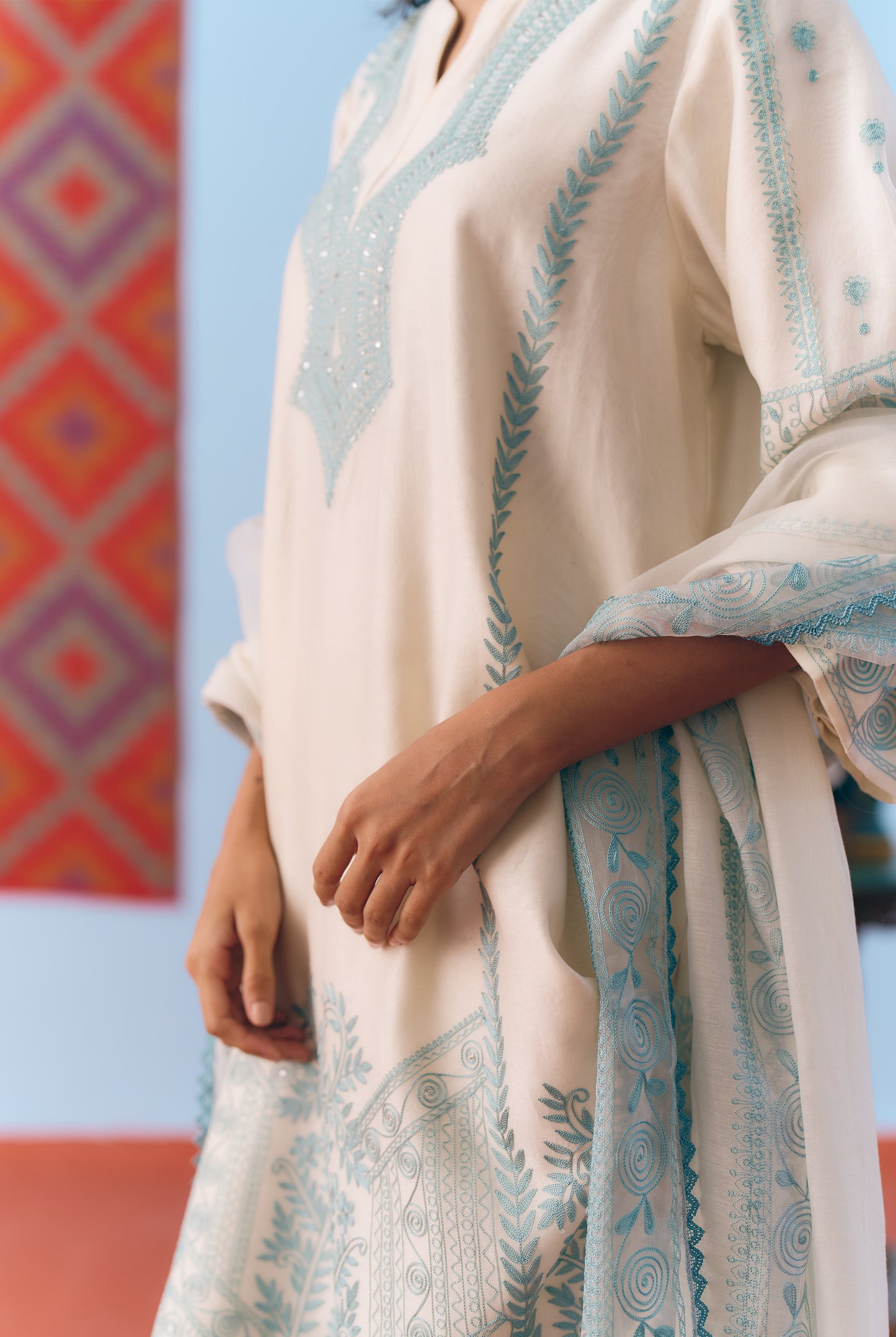 White & Light Blue Silk Chanderi Kurta Set with Thread Embroidery
