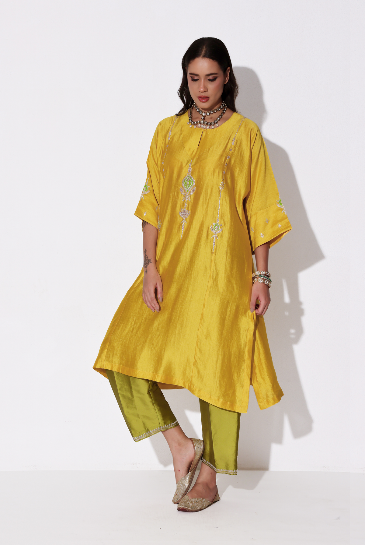 Yellow & Parrot Green Chiniya Silk Antifit Kurta Set