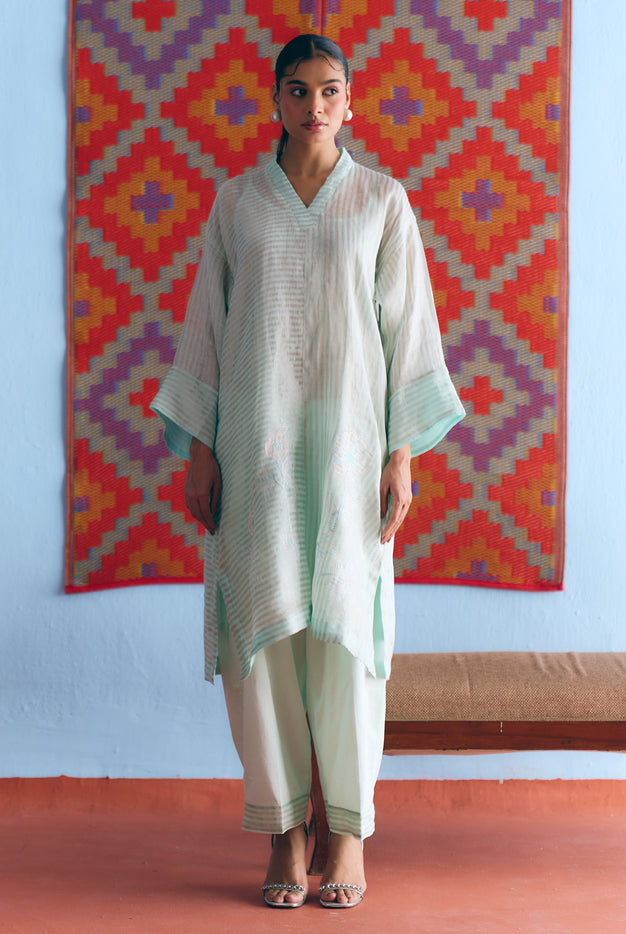 Sky Blue Handwoven Linen & Tissue Antifit Co-ord with Zari Patchwork