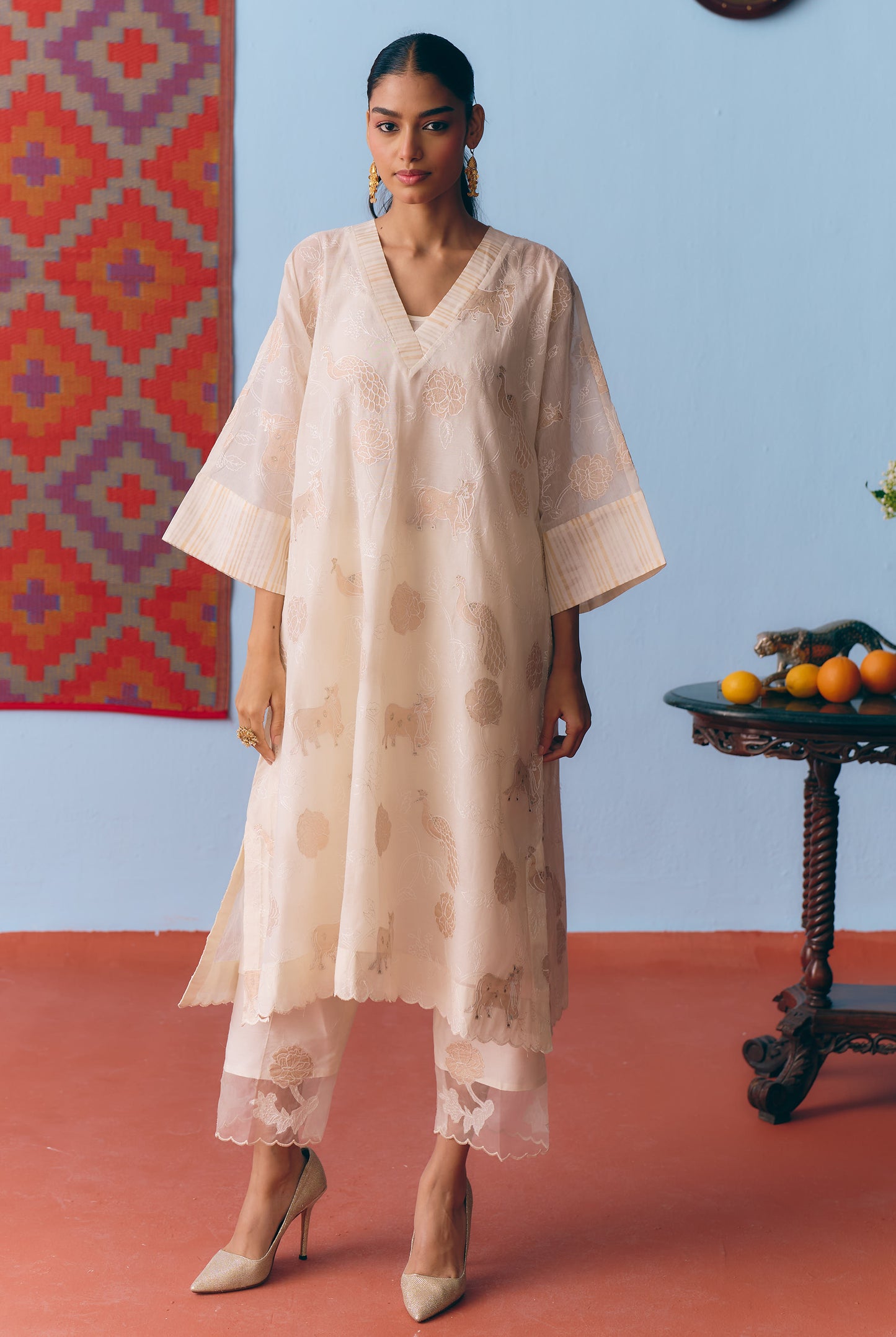 White Chanderi Antifit Co-ord with Dull Gold Tissue Appliqué
