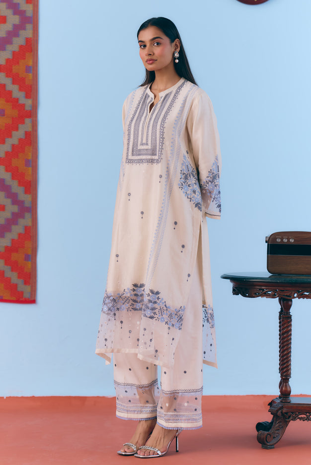 White Silk Chanderi Kurta Set with Blue Thread Embroidery