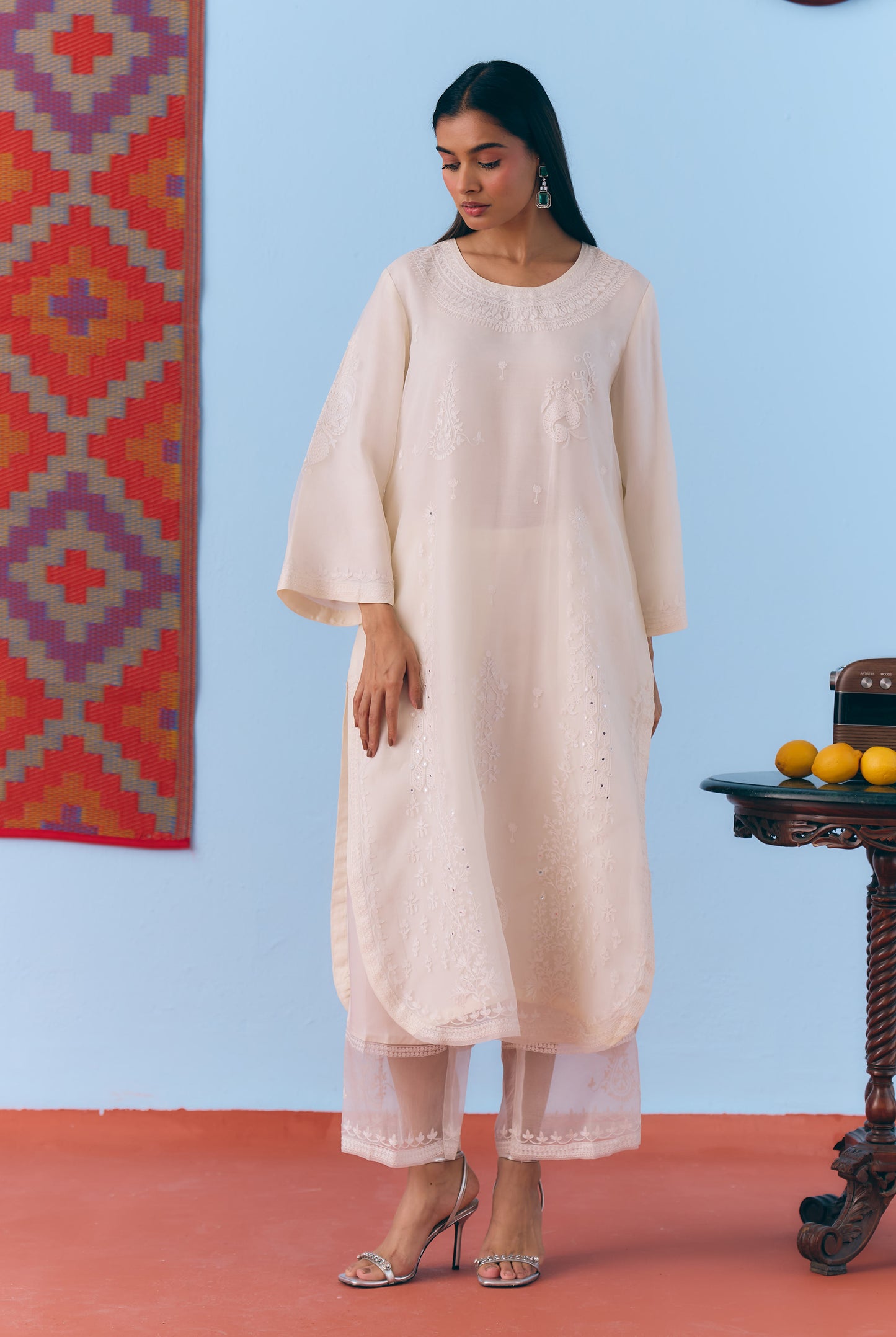 White Silk Organza Kurta Set with Thread Embroidery