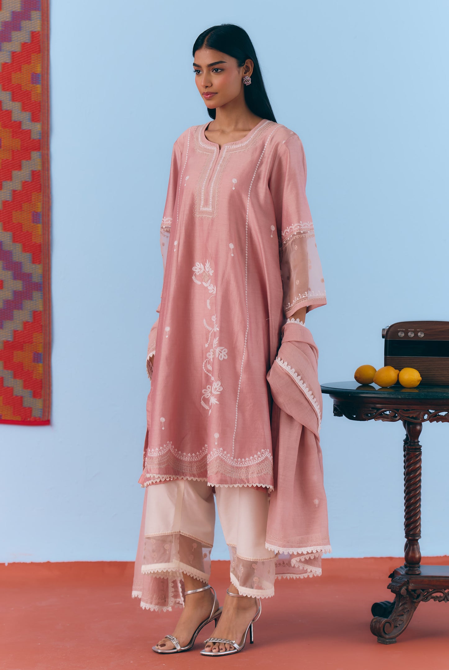 Dusky Pink Silk Chanderi Kurta Set with White Thread & Zari Embroidery