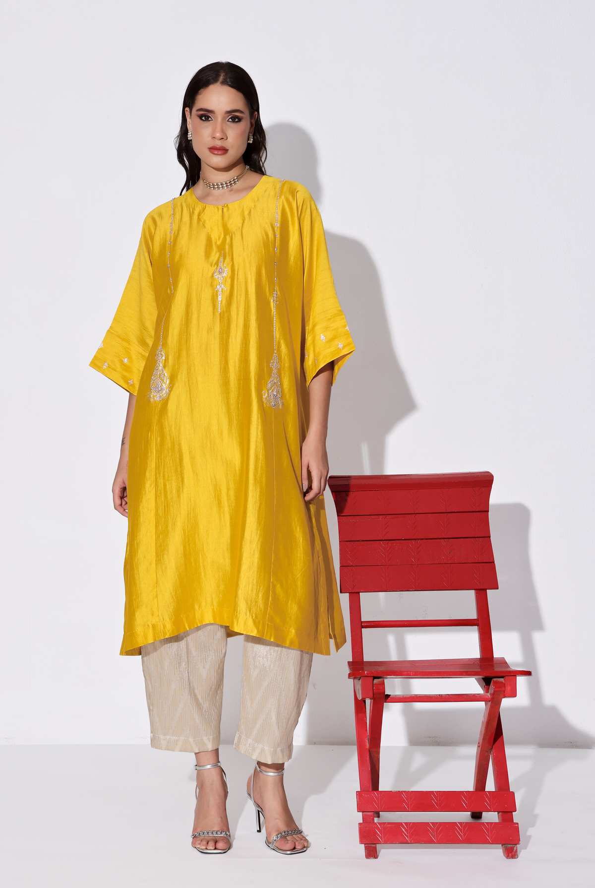 Yellow Chiniya Silk Antifit Kurta Set with Dabka & Dori Embroidery