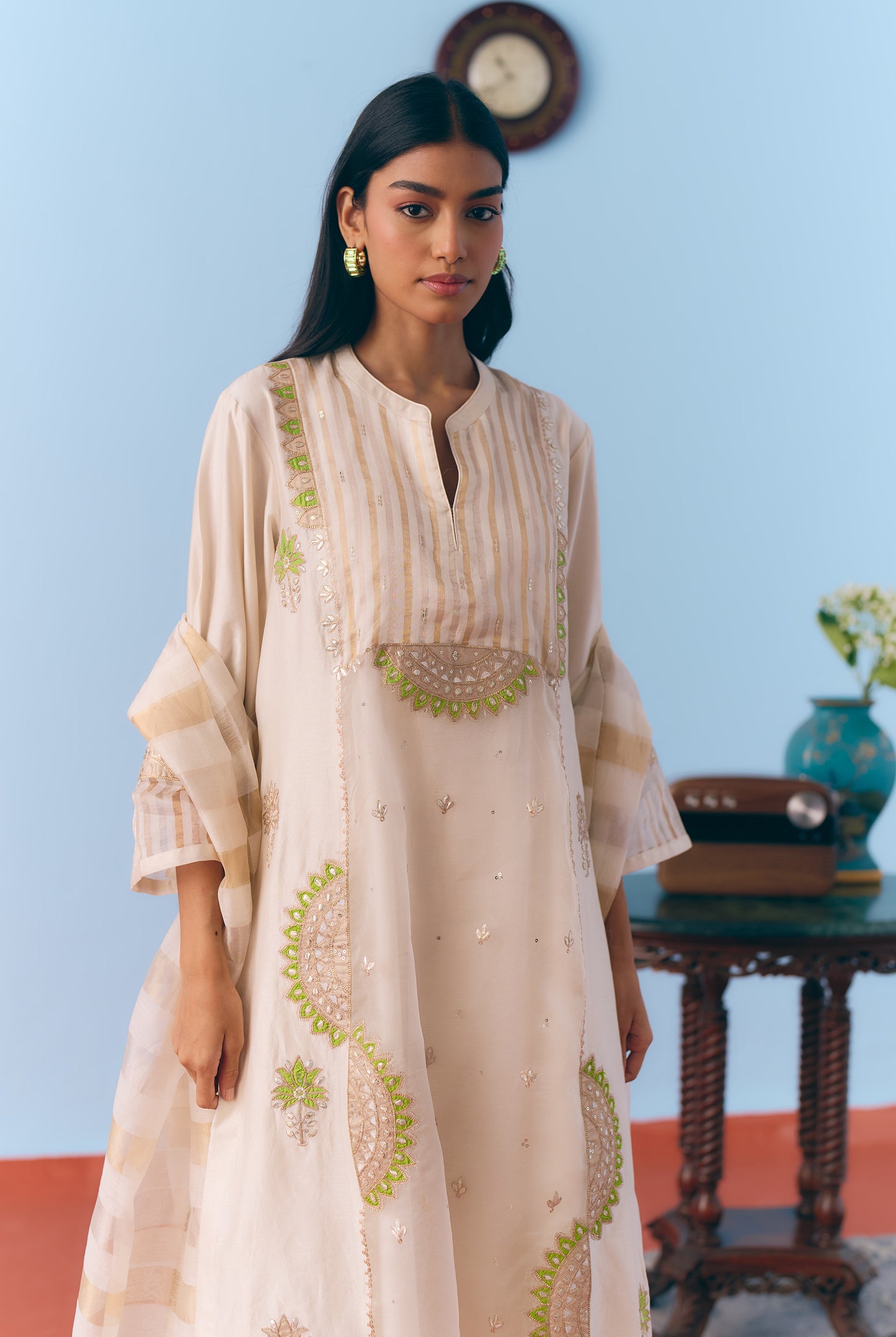 White Silk Chanderi Kurta Set with Green Appliqué & Gota Embroidery