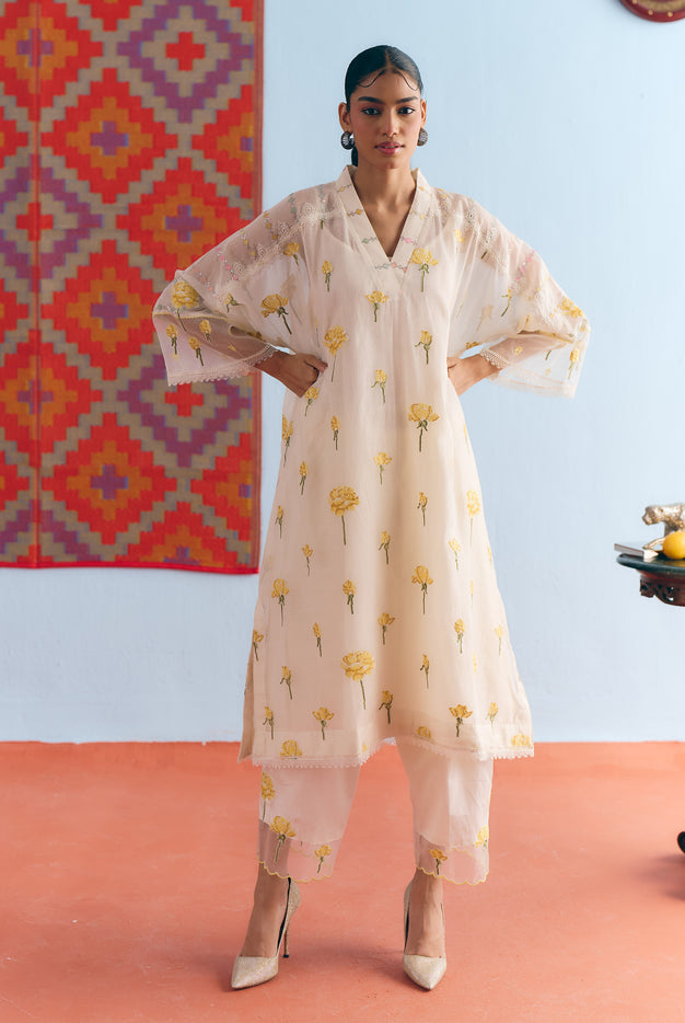 White Chanderi Antifit Co-ord with Yellow Cross Stitch Embroidery