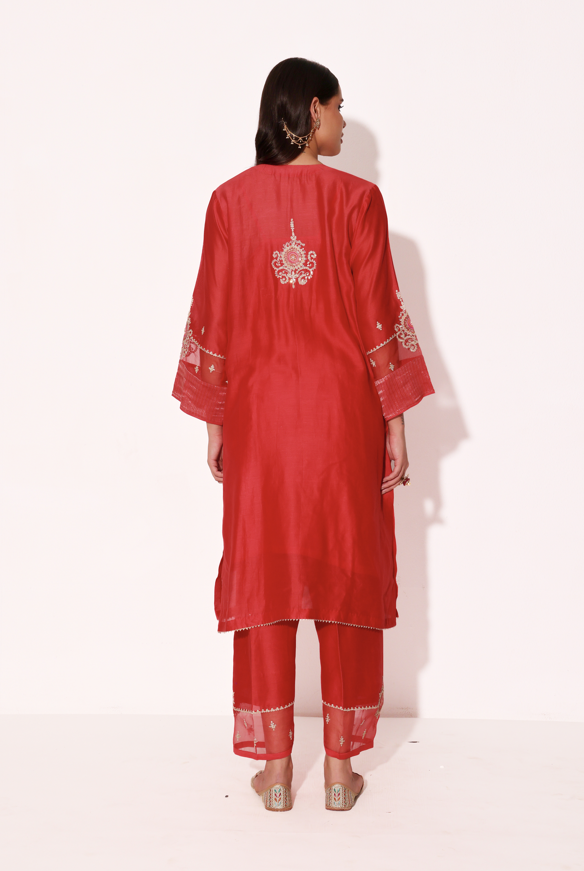 Red Silk Chanderi Kurta Set with Dabka & Dori Embroidery