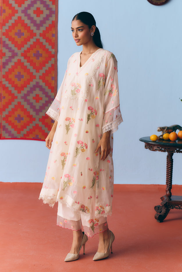 White Chanderi Antifit Co-ord with Thread, Lace & Bead Embroidery