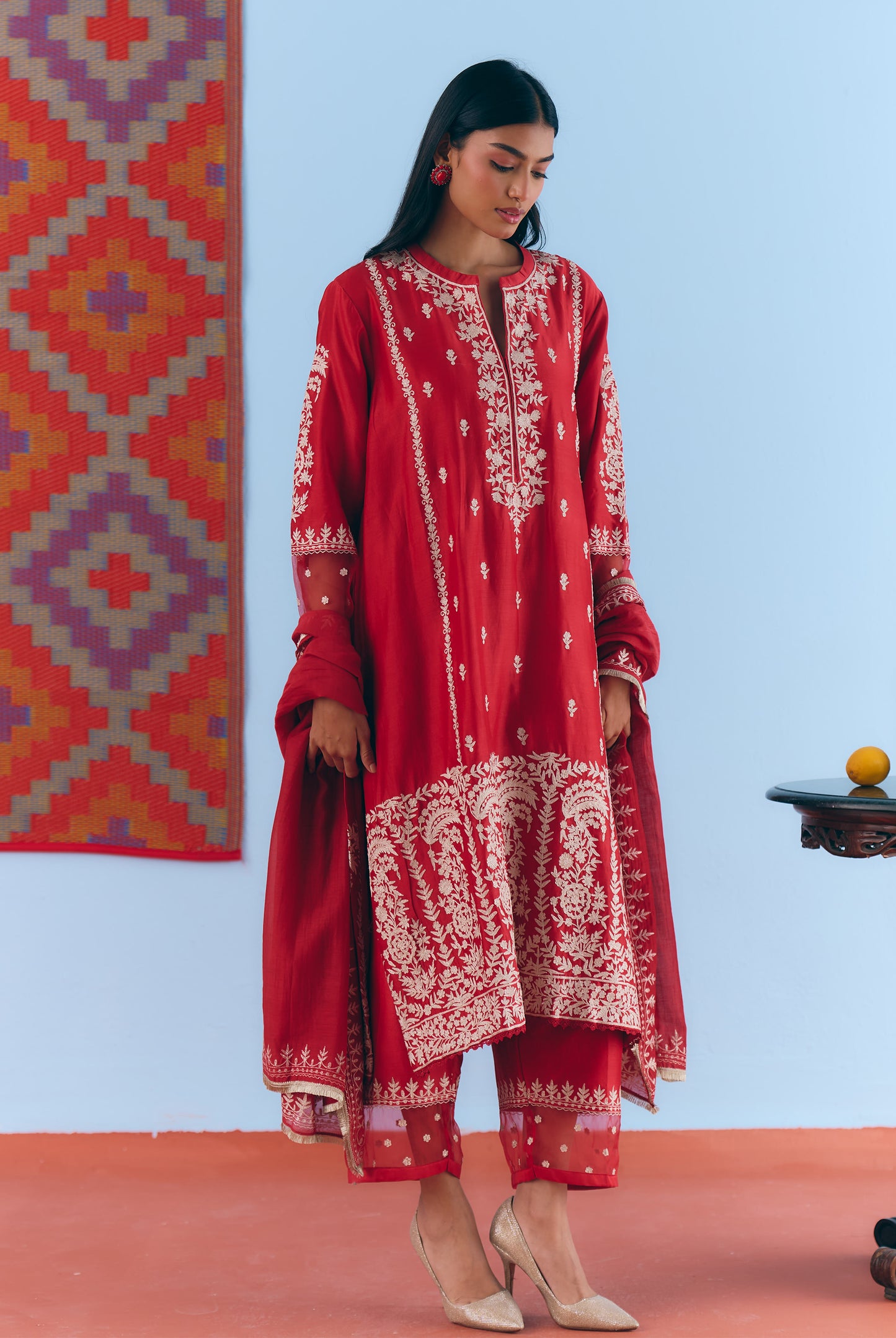Red Silk Chanderi Kurta Set with White Thread & Pita Embroidery