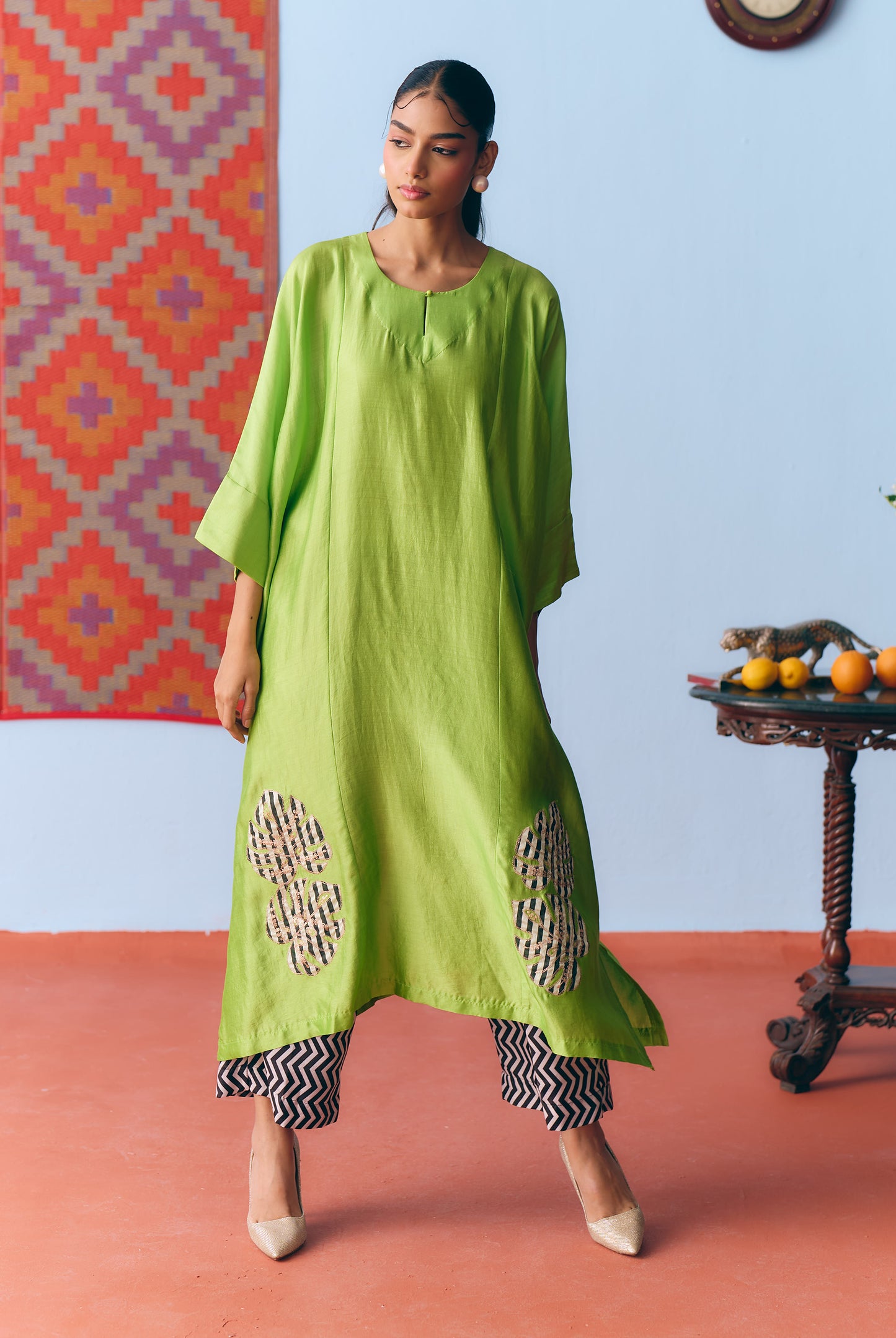 Lime Green Chinya Silk Antifit Co-ord with Zari & Chanderi Patchwork
