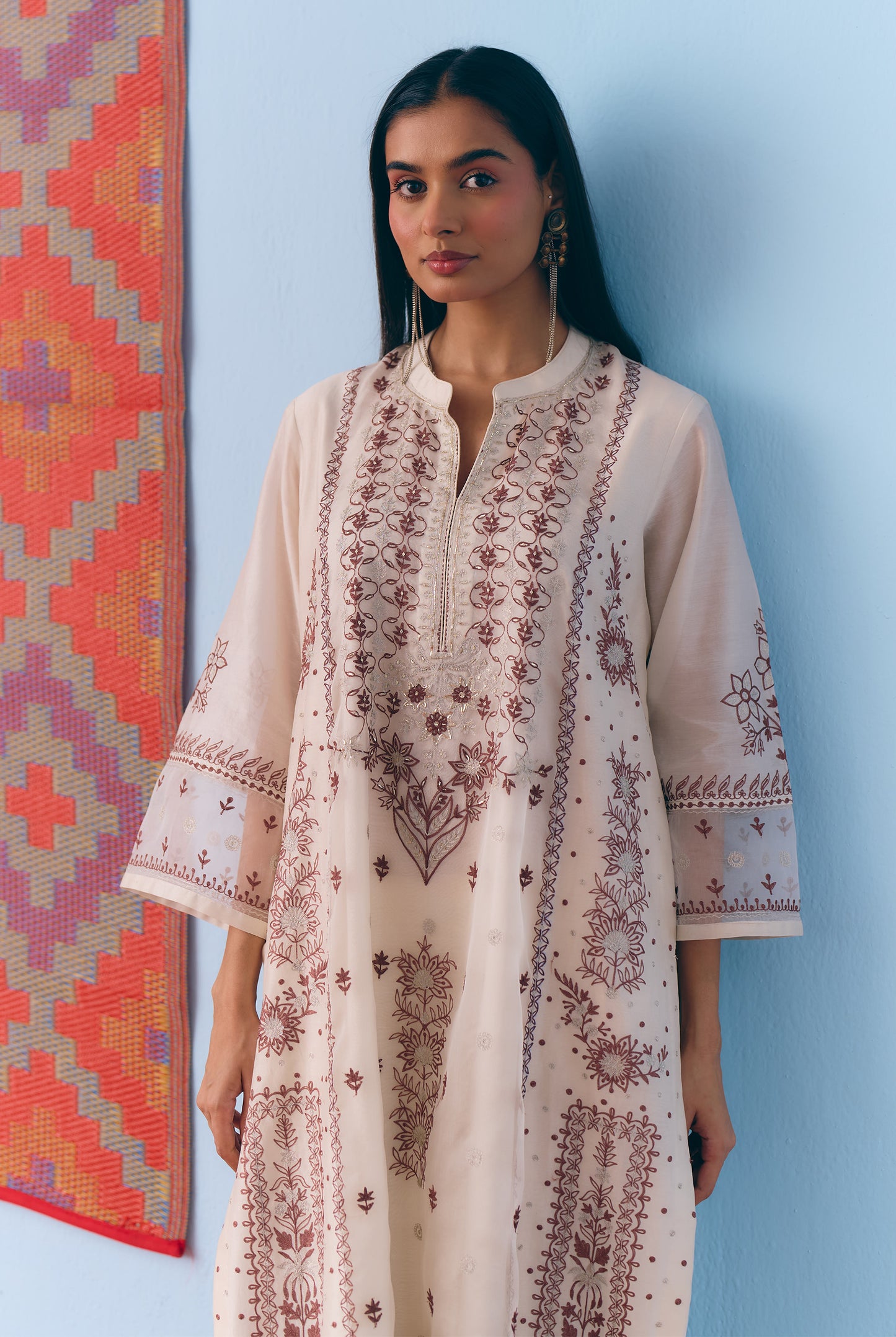 White Silk Chanderi Kurta Set with Brown Single Thread & Silver Zari Embroidery