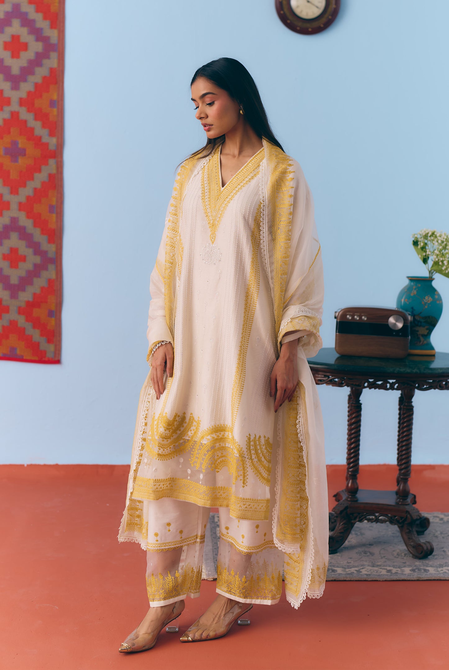 White & Lime Silk Chanderi Kurta Set with Thread Embroidery