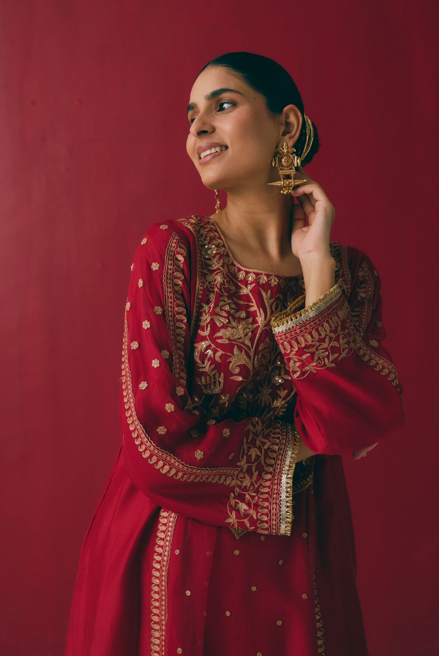 Crimson Chanderi Kurta Set with Zari & Aari Embroidery