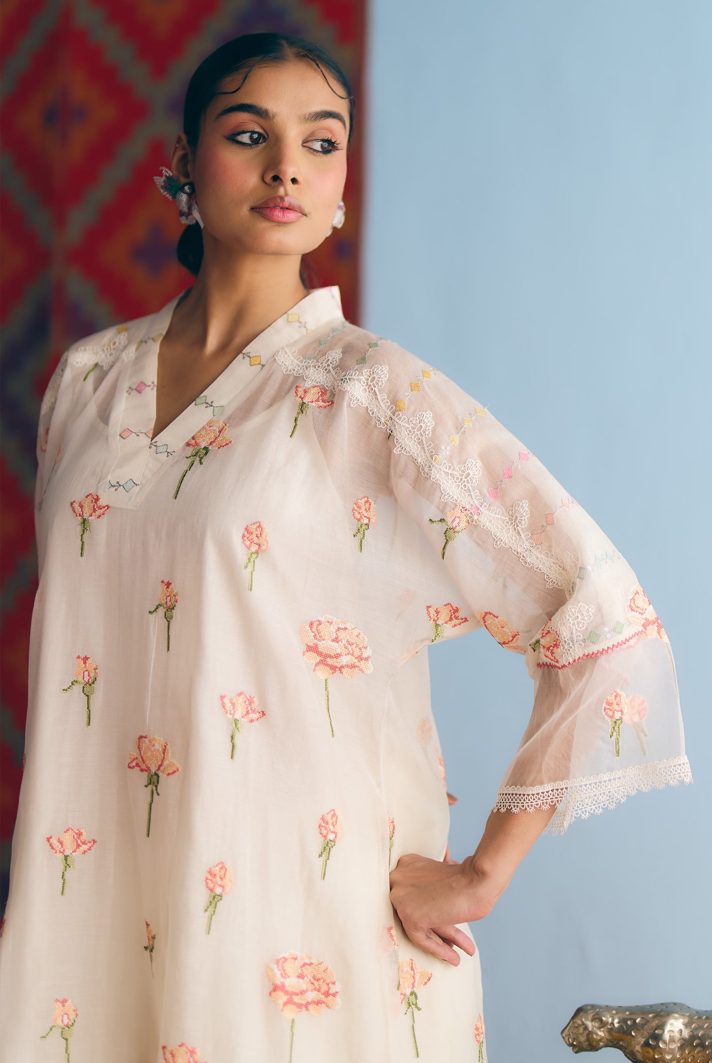 White Chanderi Antifit Co-ord with Pink Cross Stitch Embroider