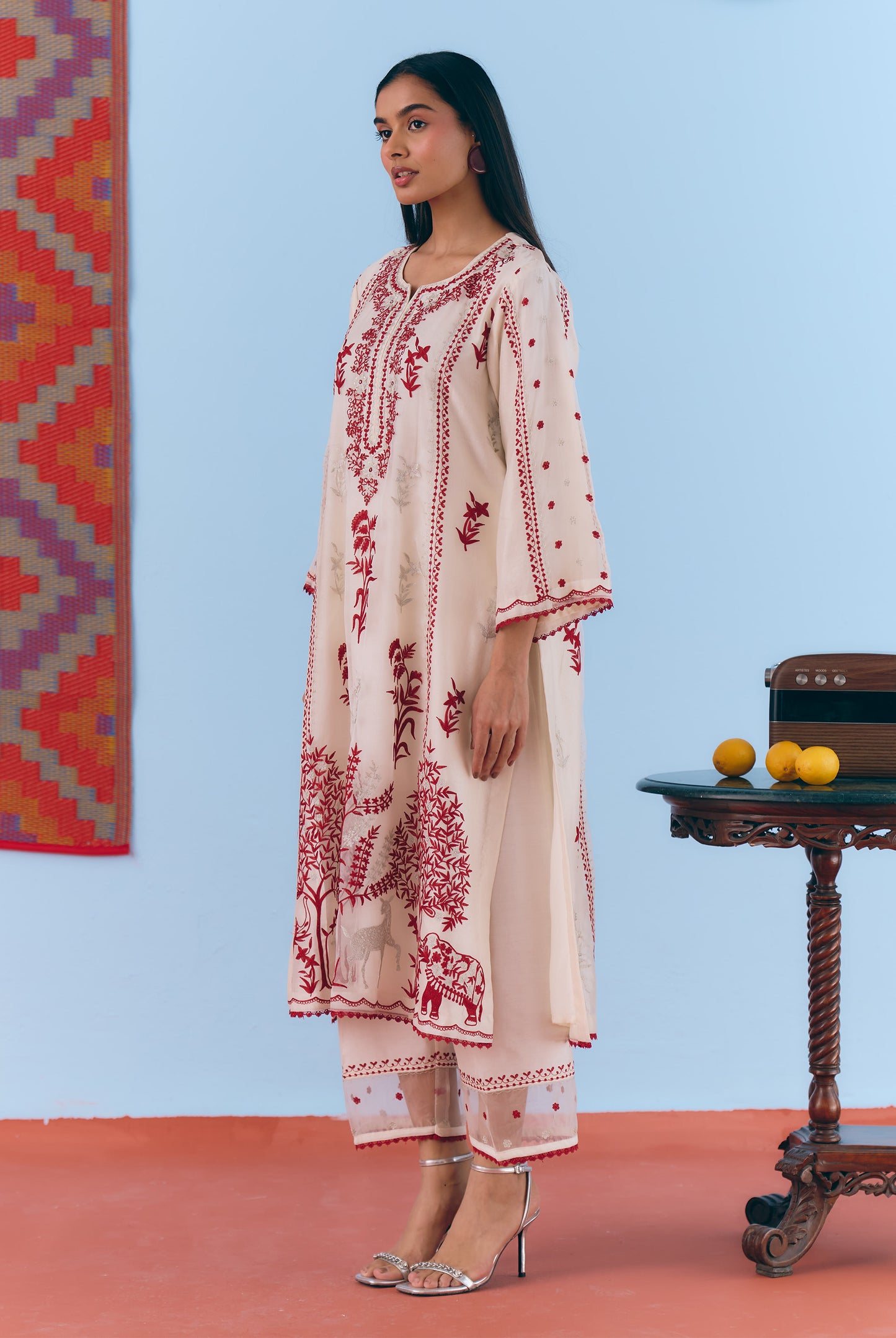 White Silk Chanderi Kurta Set with Deep Red & Silver Zari Embroidery
