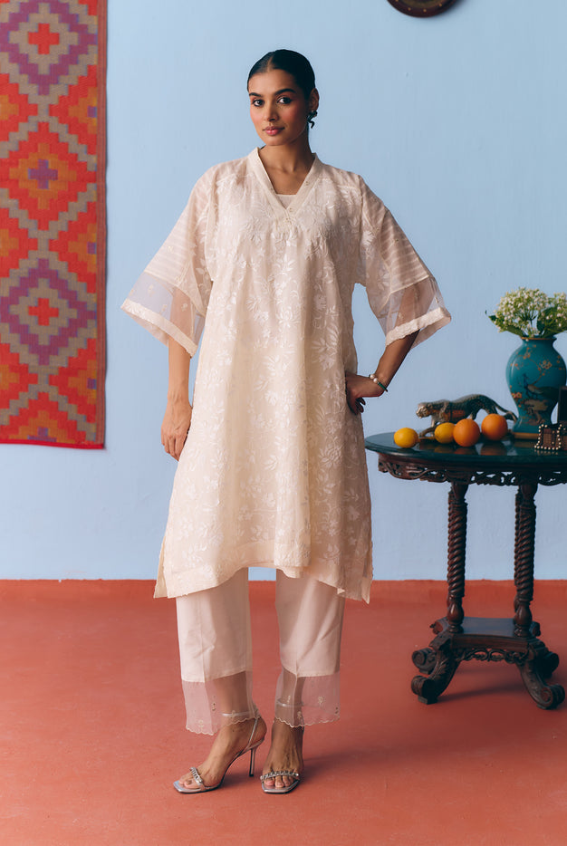 White Chanderi Antifit Co-ord with Laser Appliqué & Thread Embroidery