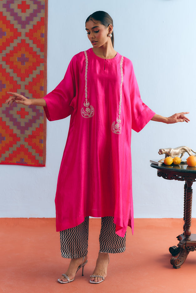 Hot Pink Chinya Silk Antifit Co-ord with Silver Zari Embroidery