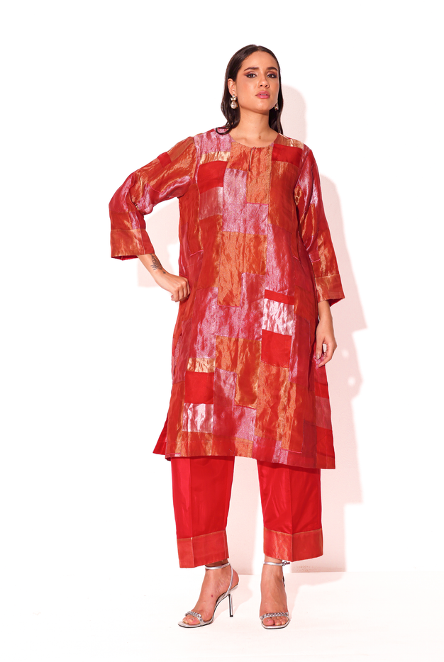 Scarlet Silk Tissue Patchwork Kurta Set