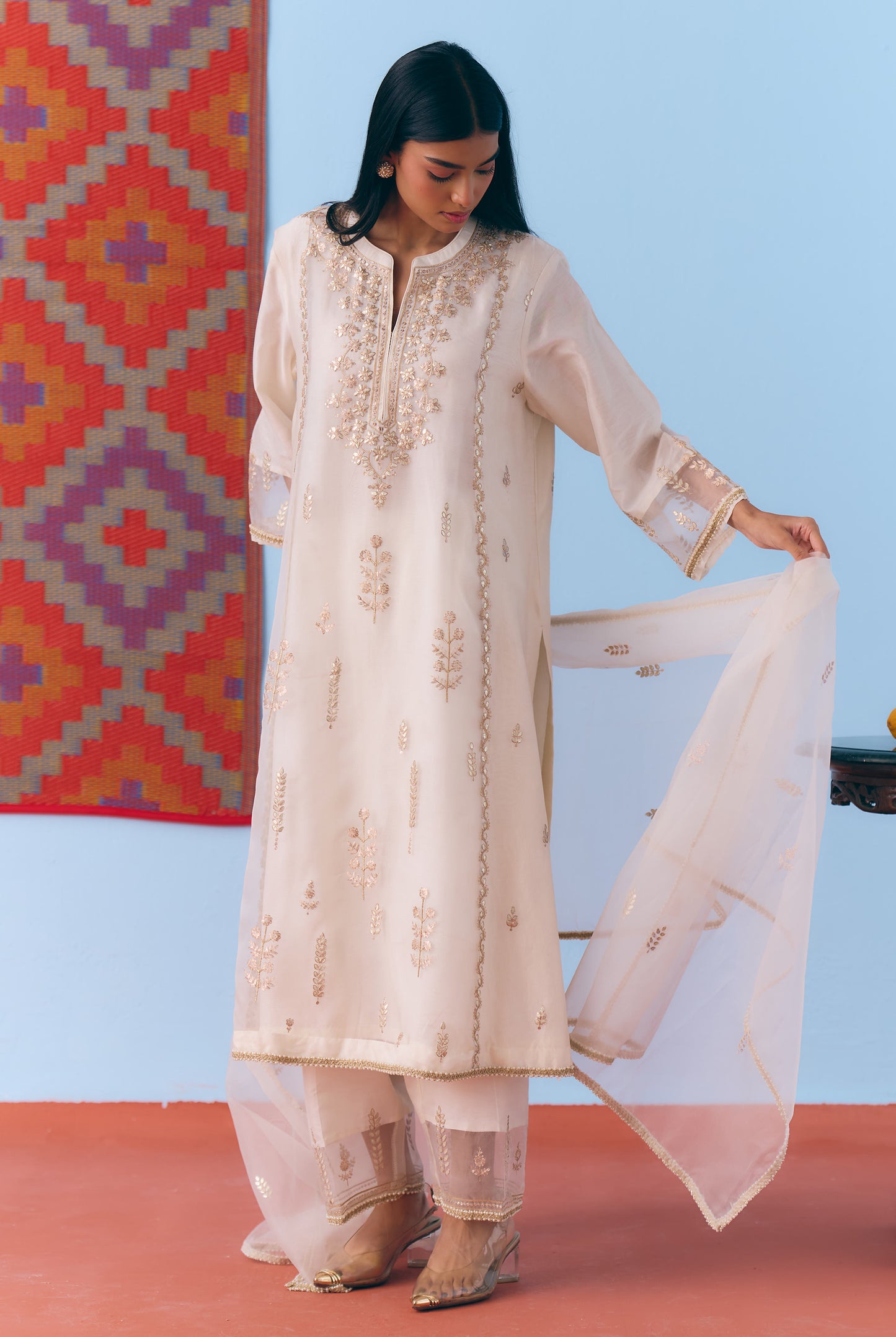 White Silk Chanderi Kurta Set with Gota, Dori & Zari Embroidery
