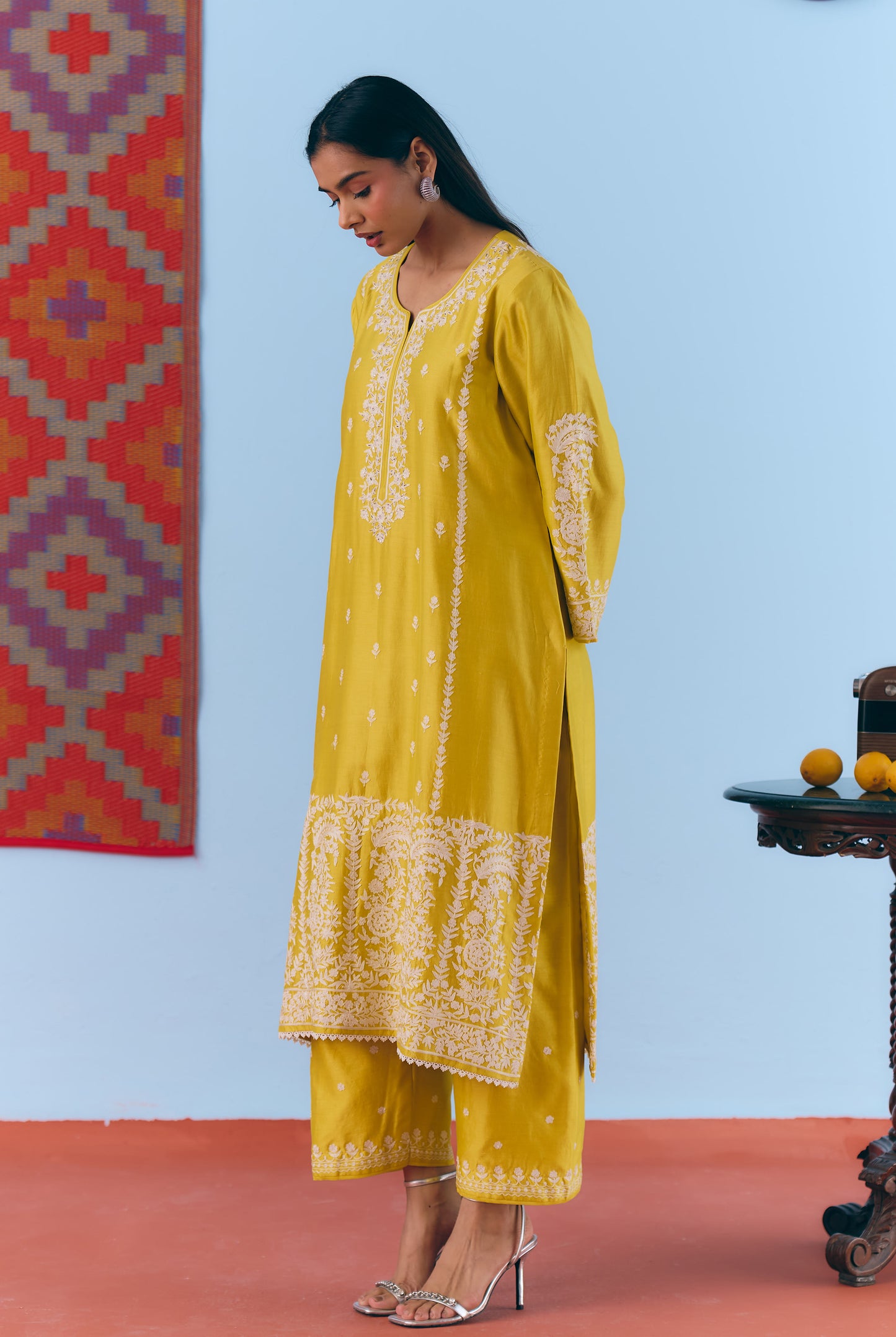 Yellow Silk Chanderi Kurta Set with White Thread & Pita Embroidery