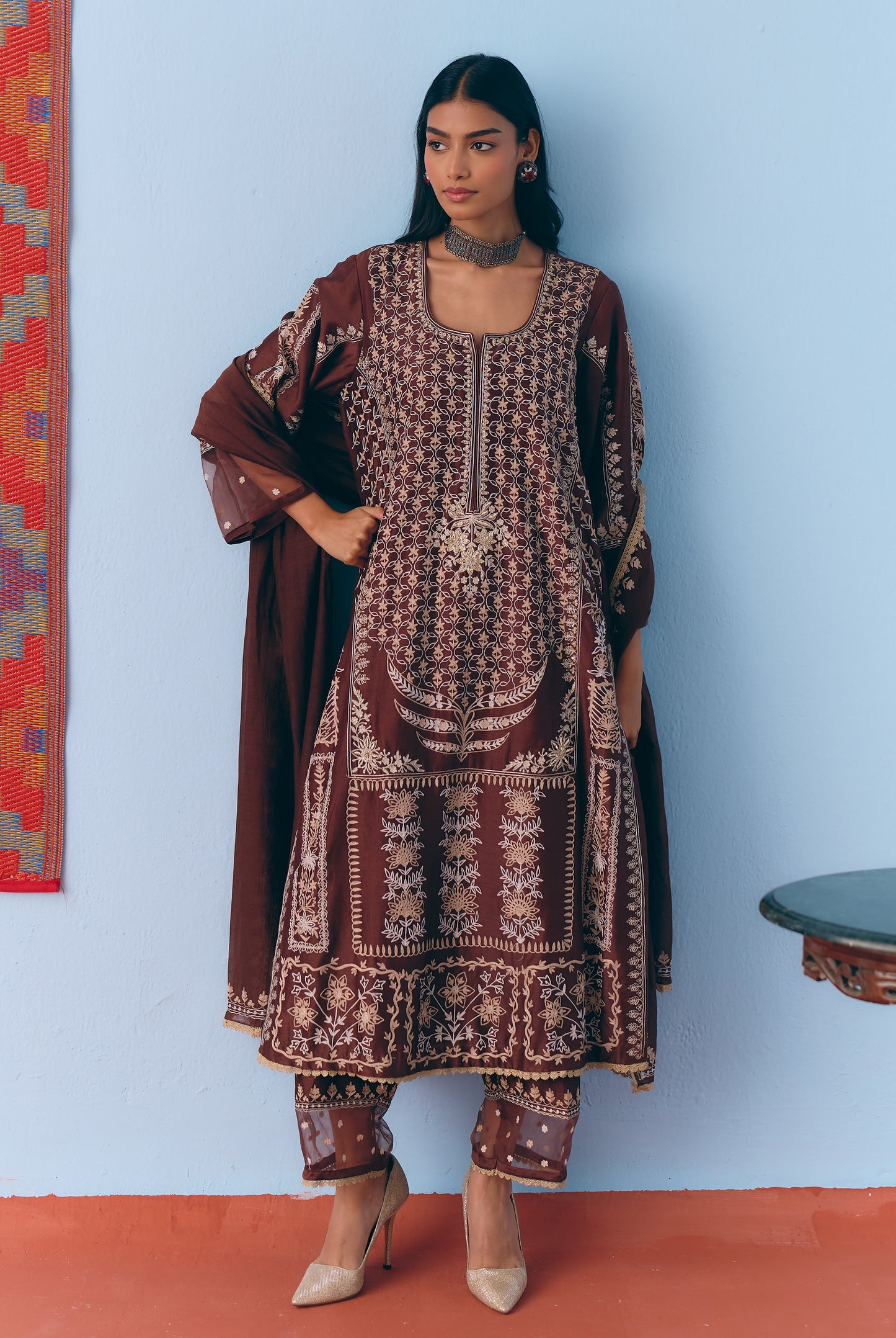 Brown Silk Chanderi Kurta Set with Single Thread & Zari Embroidery