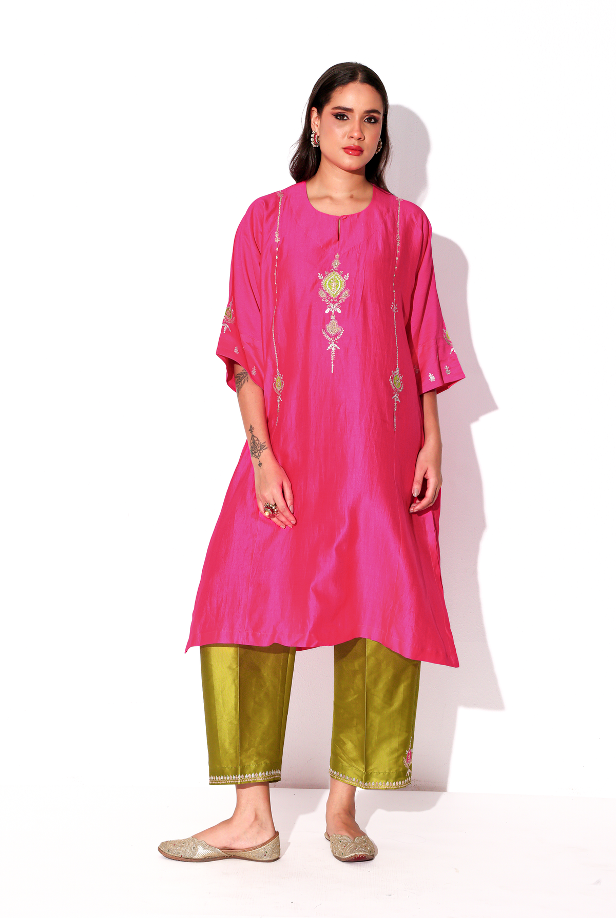 Fuchsia & Parrot Green Chiniya Silk Antifit Kurta Set