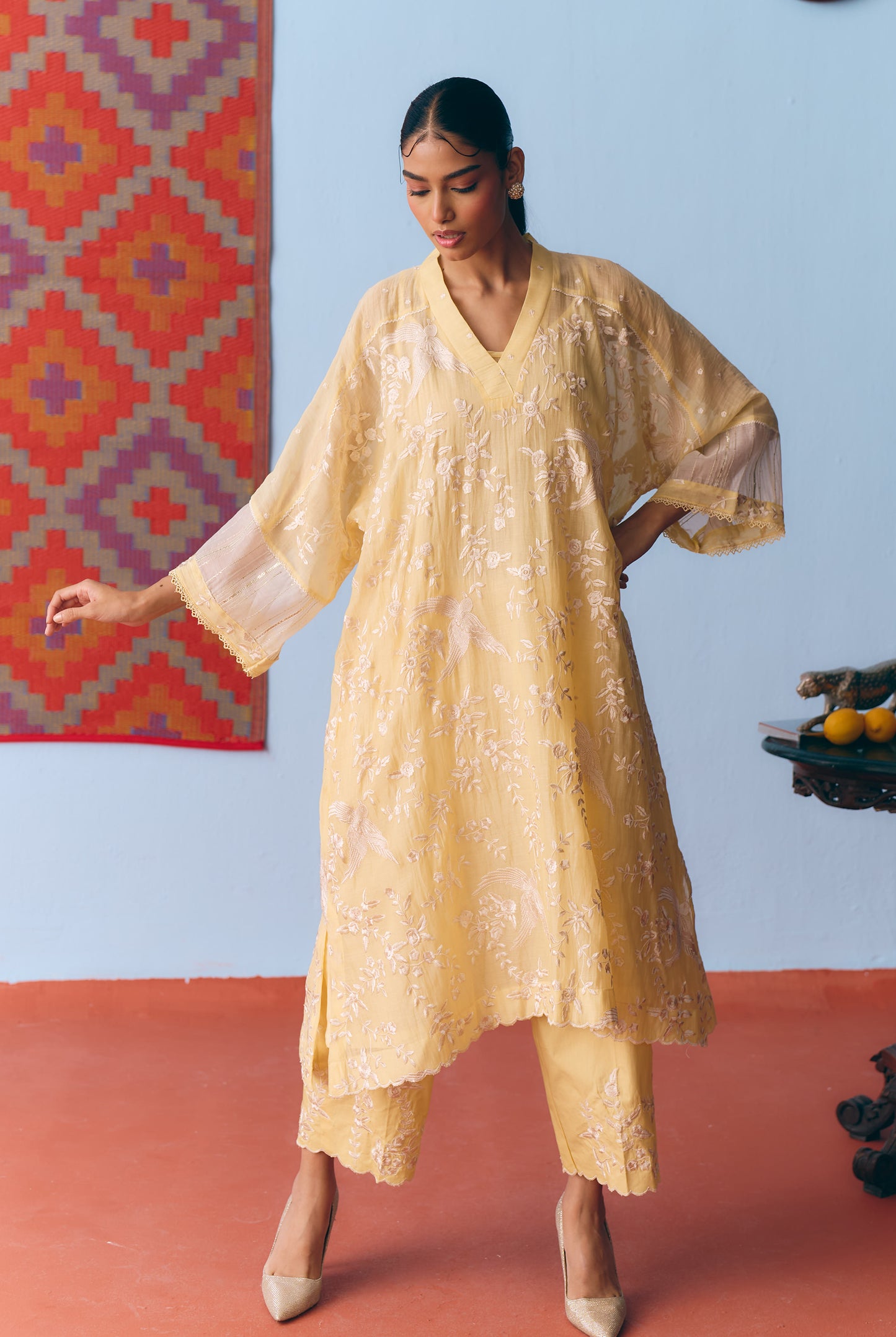 Lime Yellow Chanderi Antifit Co-ord with White Thread & Gota Embroidery
