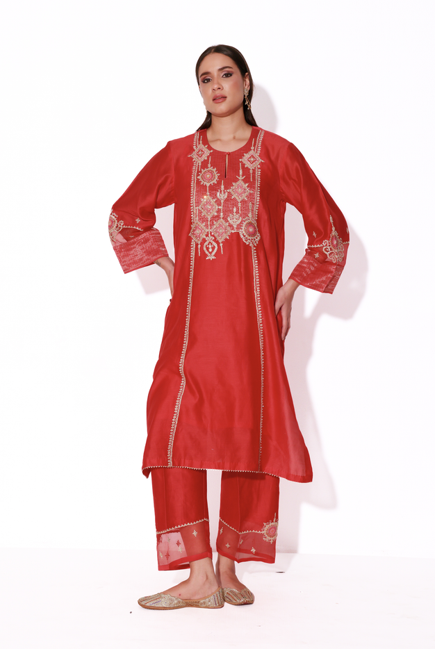 Red Silk Chanderi Kurta Set with Dabka & Dori Embroidery