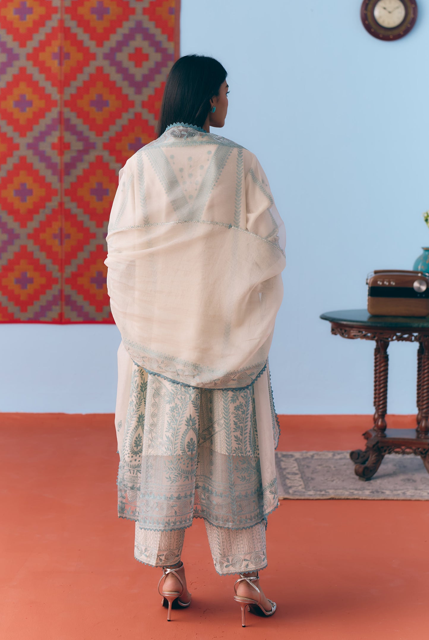 White & Light Blue Silk Chanderi Kurta Set with Thread Embroidery