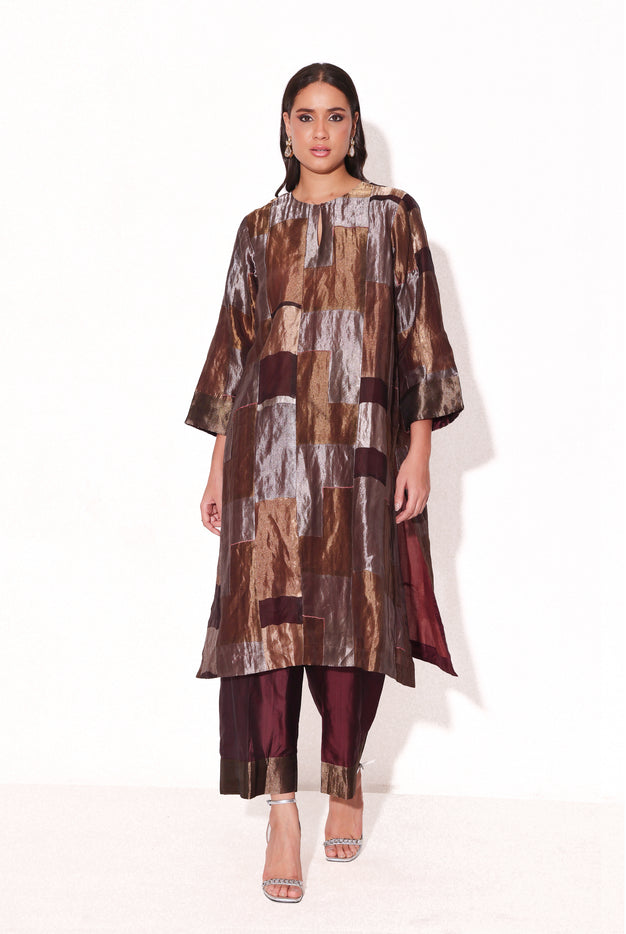 Pure Silk Tissue Patchwork Kurta Set