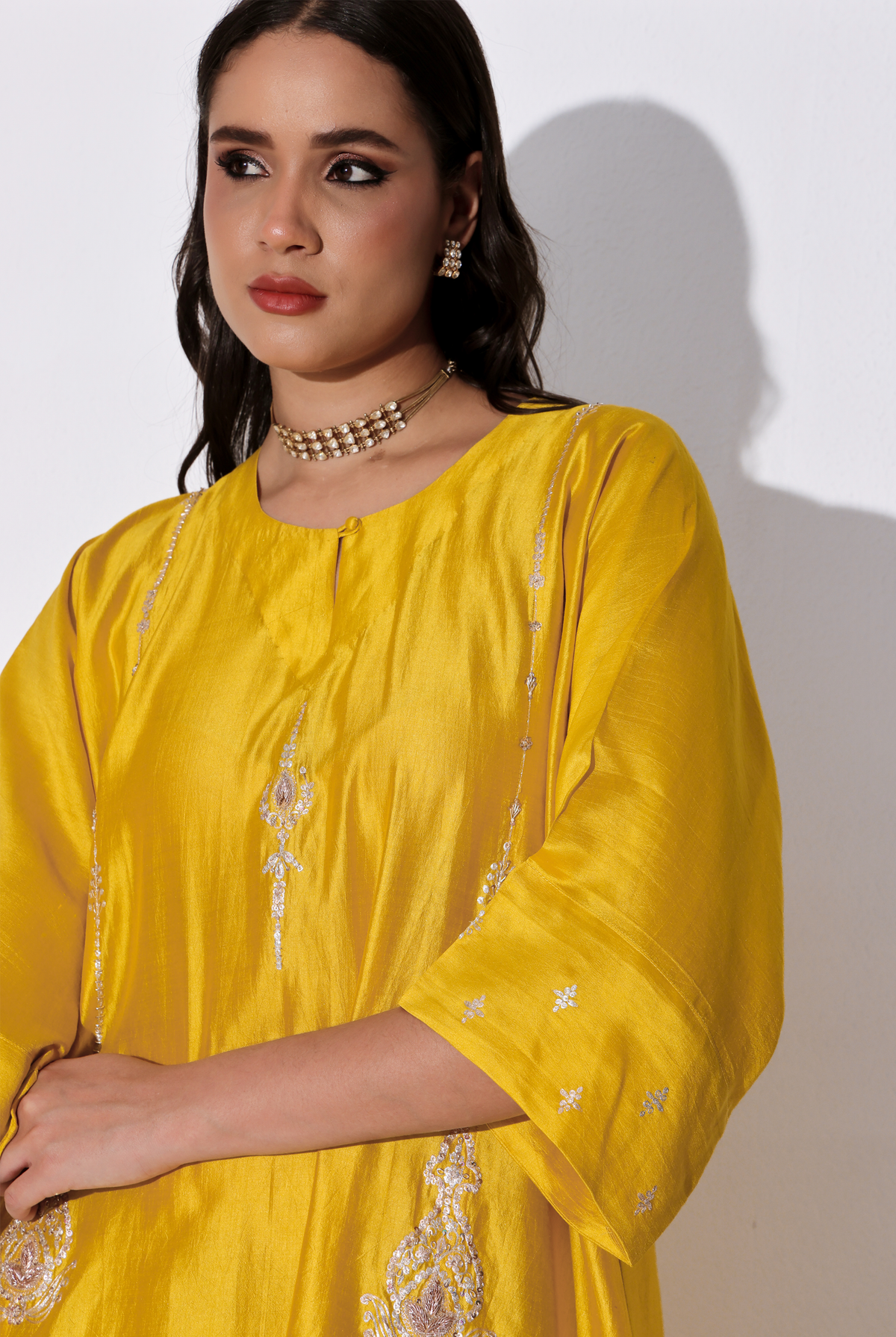 Yellow Chiniya Silk Antifit Kurta Set with Dabka & Dori Embroidery