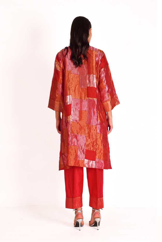Scarlet Silk Tissue Patchwork Kurta Set