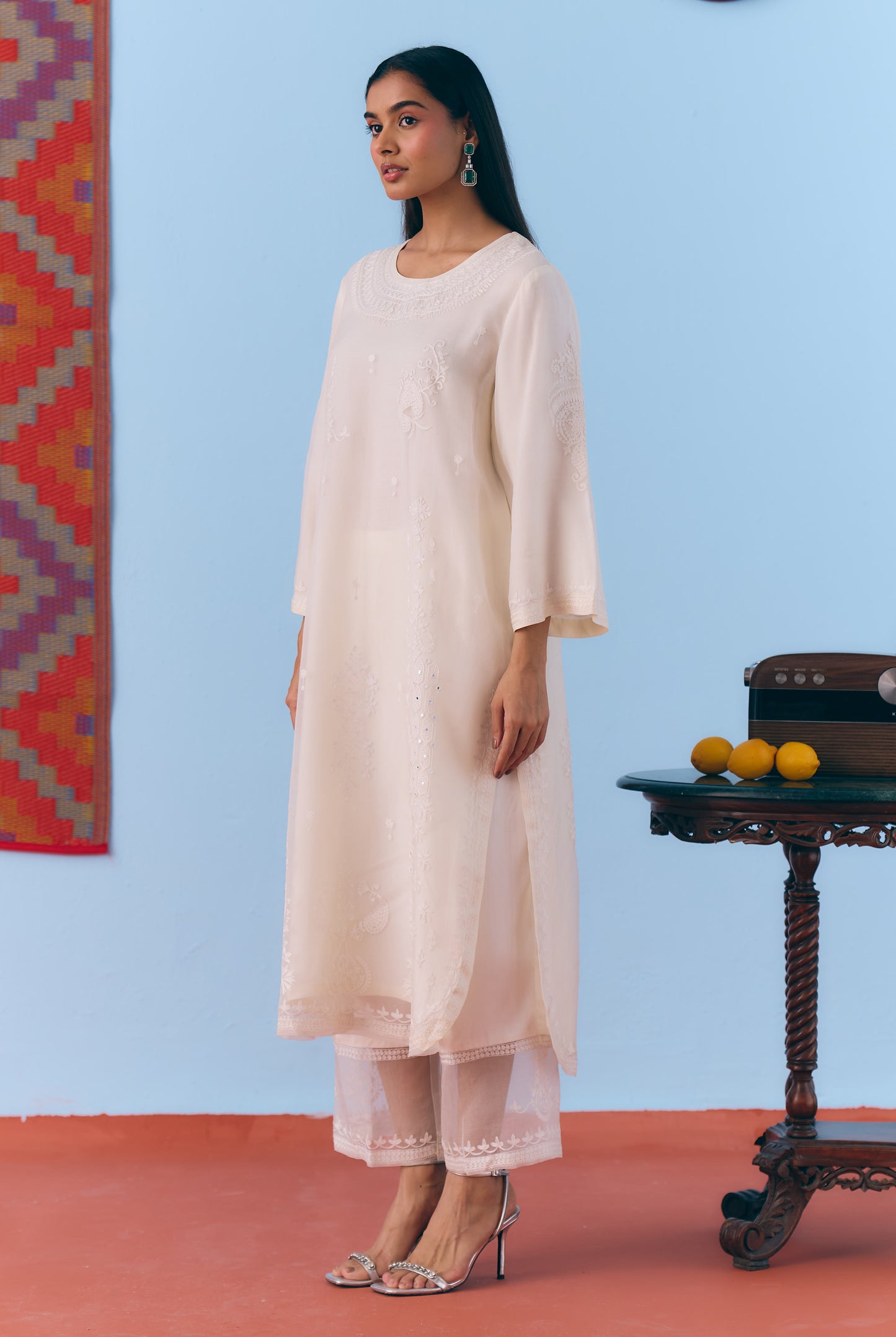 White Silk Organza Kurta Set with Thread Embroidery