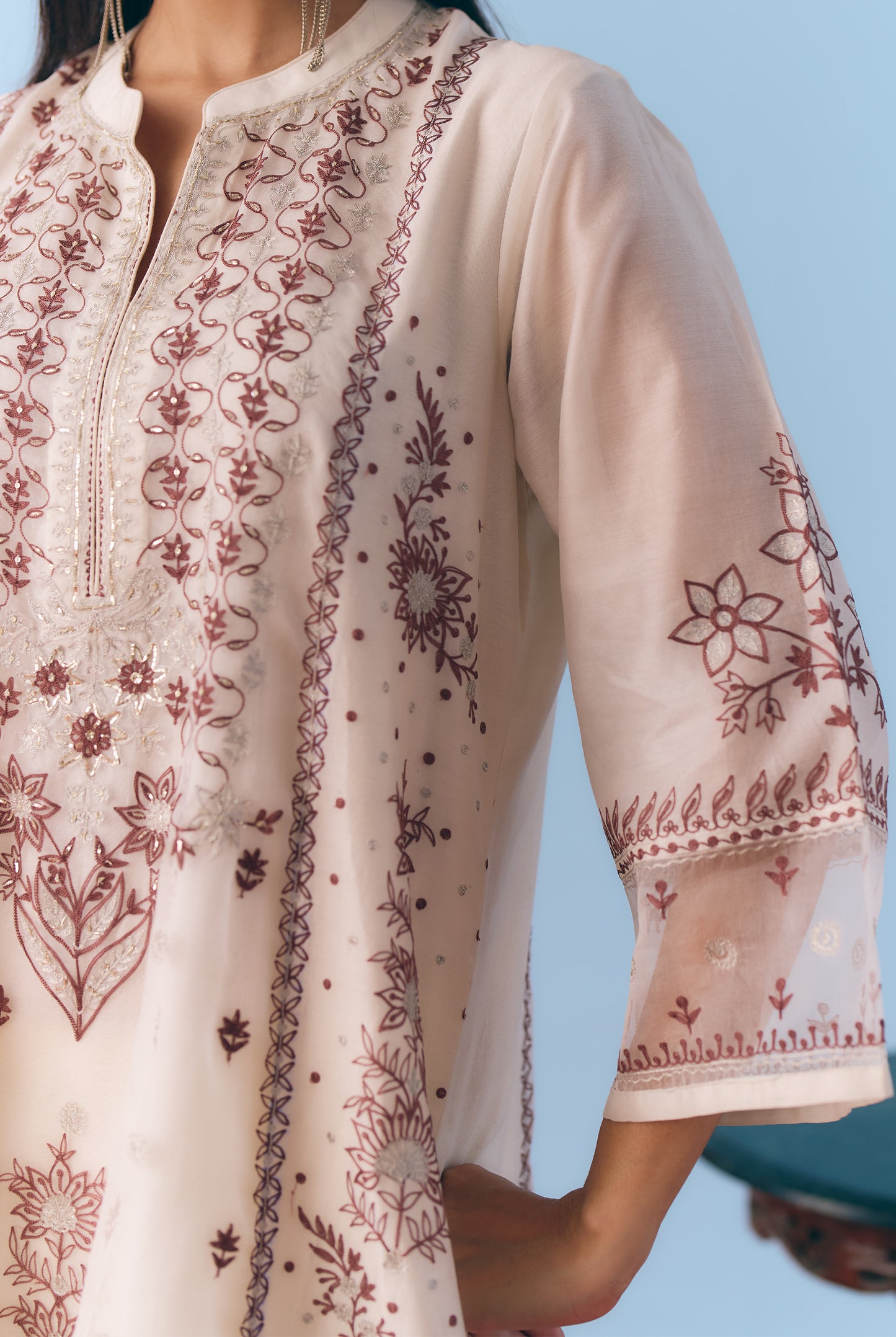 White Silk Chanderi Kurta Set with Brown Single Thread & Silver Zari Embroidery