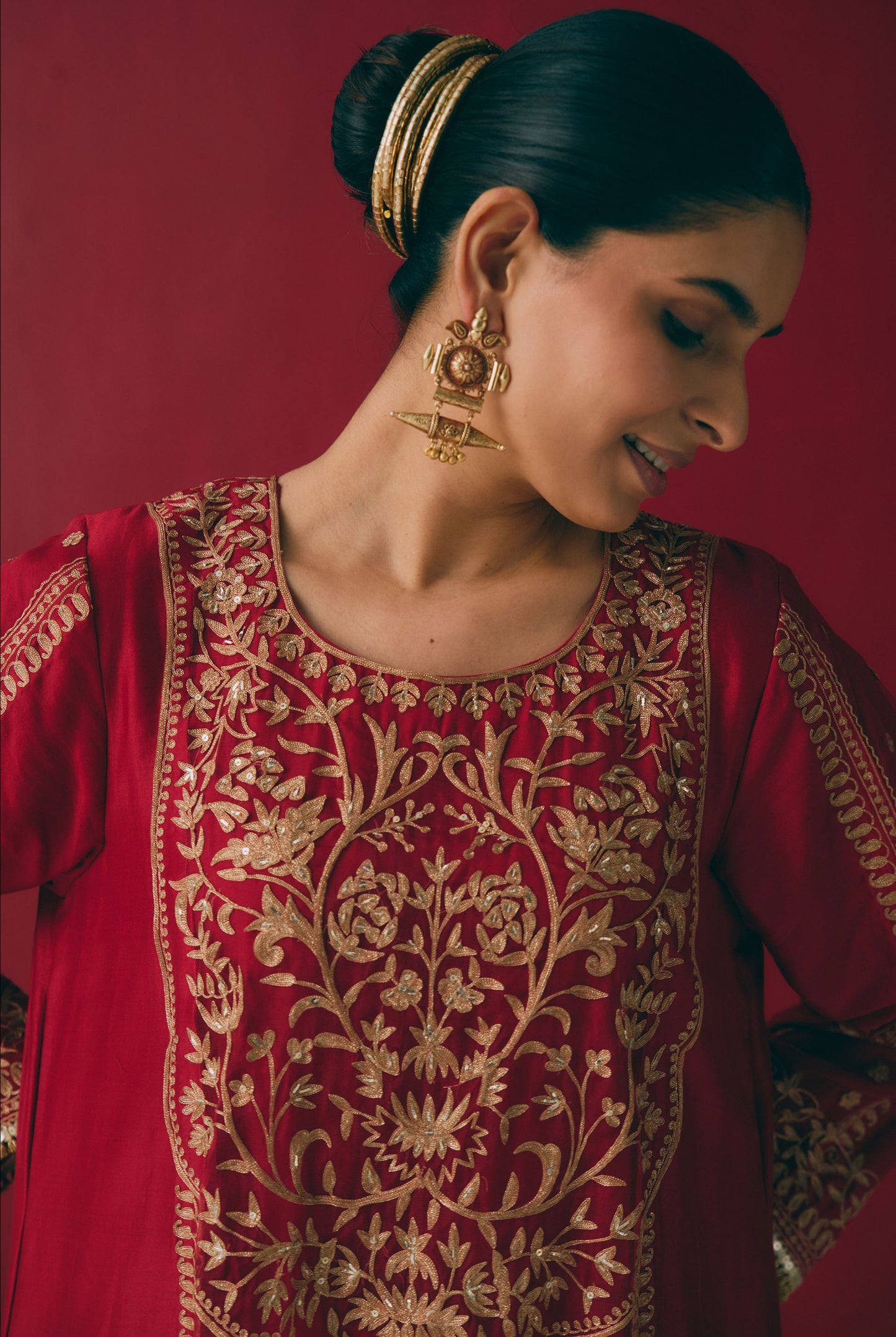 Crimson Chanderi Kurta Set with Zari & Aari Embroidery