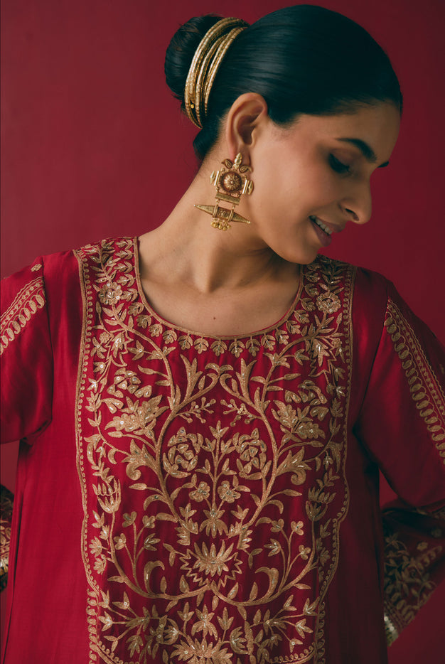 Crimson Chanderi Kurta Set with Zari & Aari Embroidery