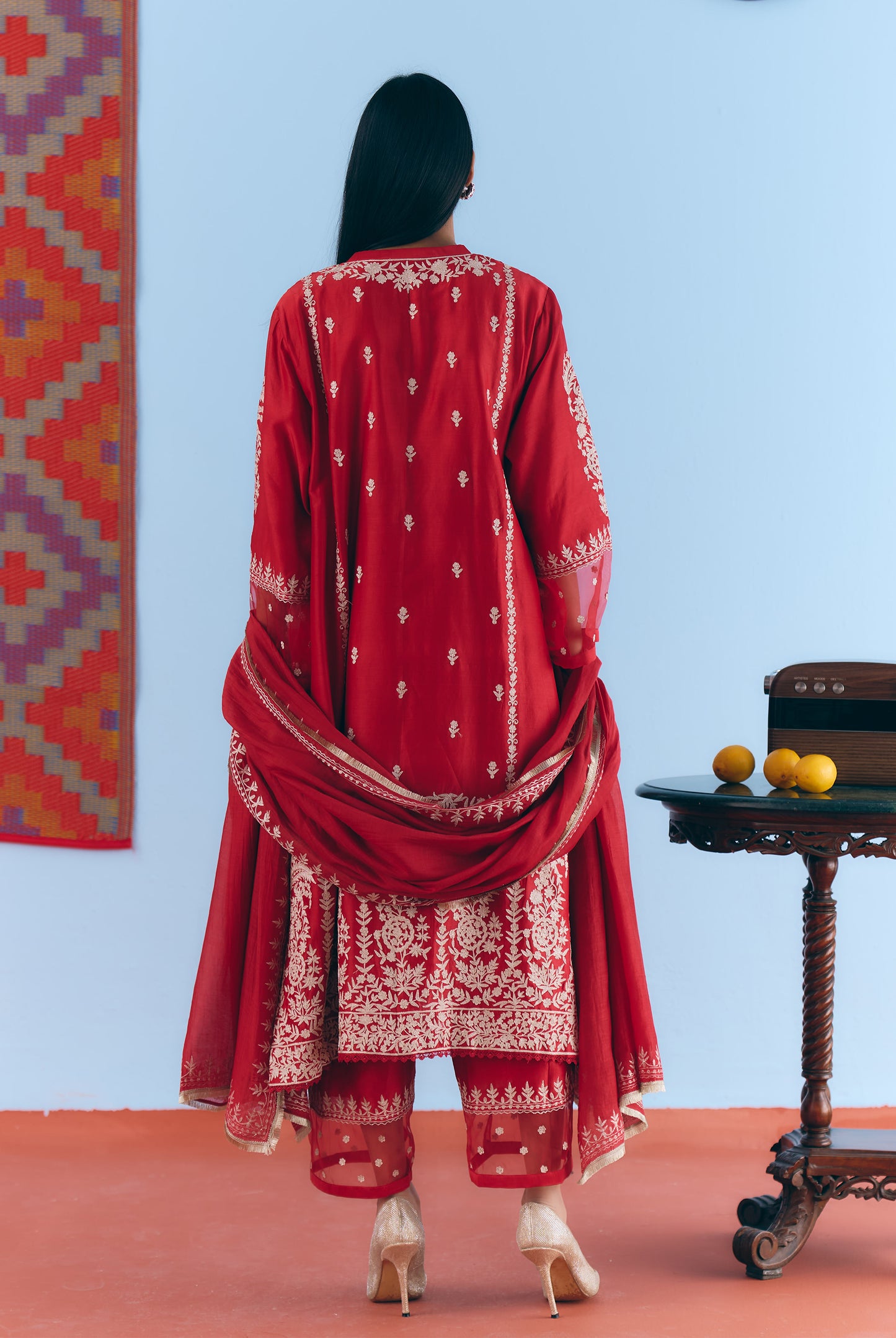 Red Silk Chanderi Kurta Set with White Thread & Pita Embroidery