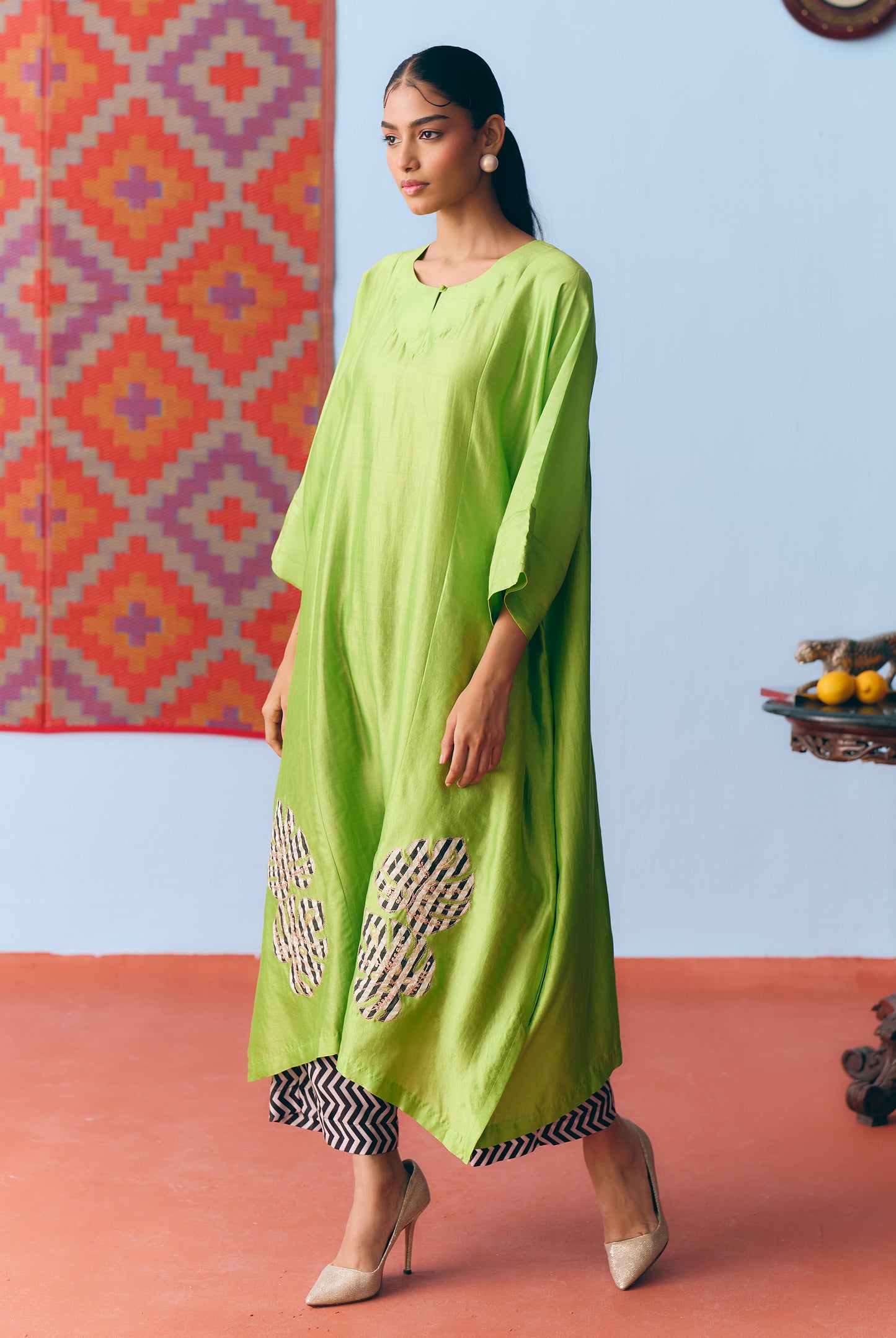 Lime Green Chinya Silk Antifit Co-ord with Zari & Chanderi Patchwork