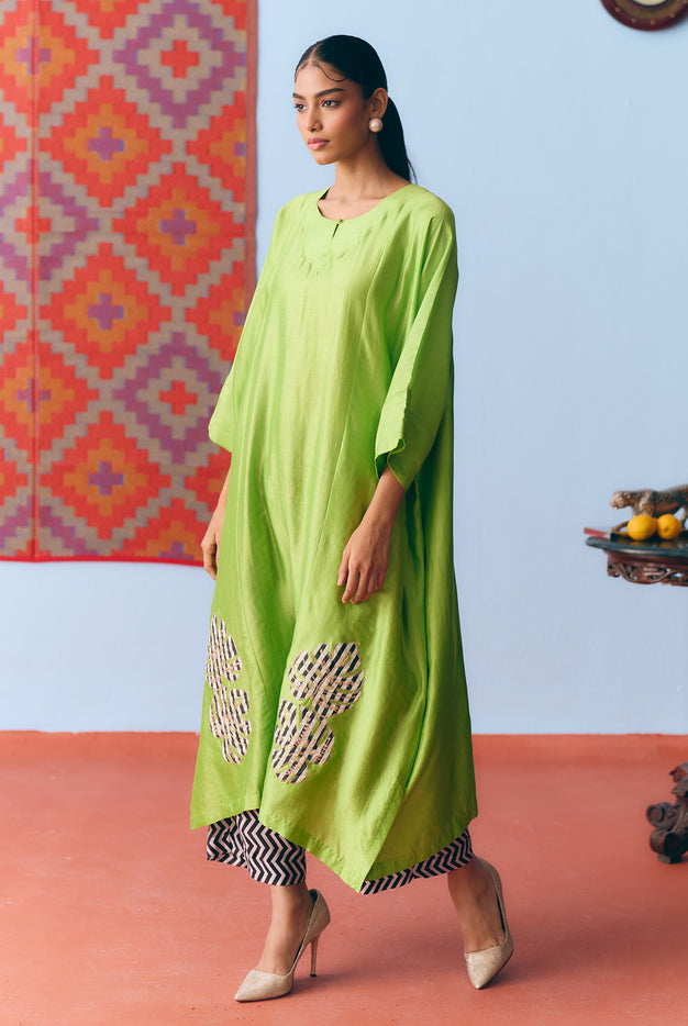 Lime Green Chinya Silk Antifit Co-ord with Zari & Chanderi Patchwork