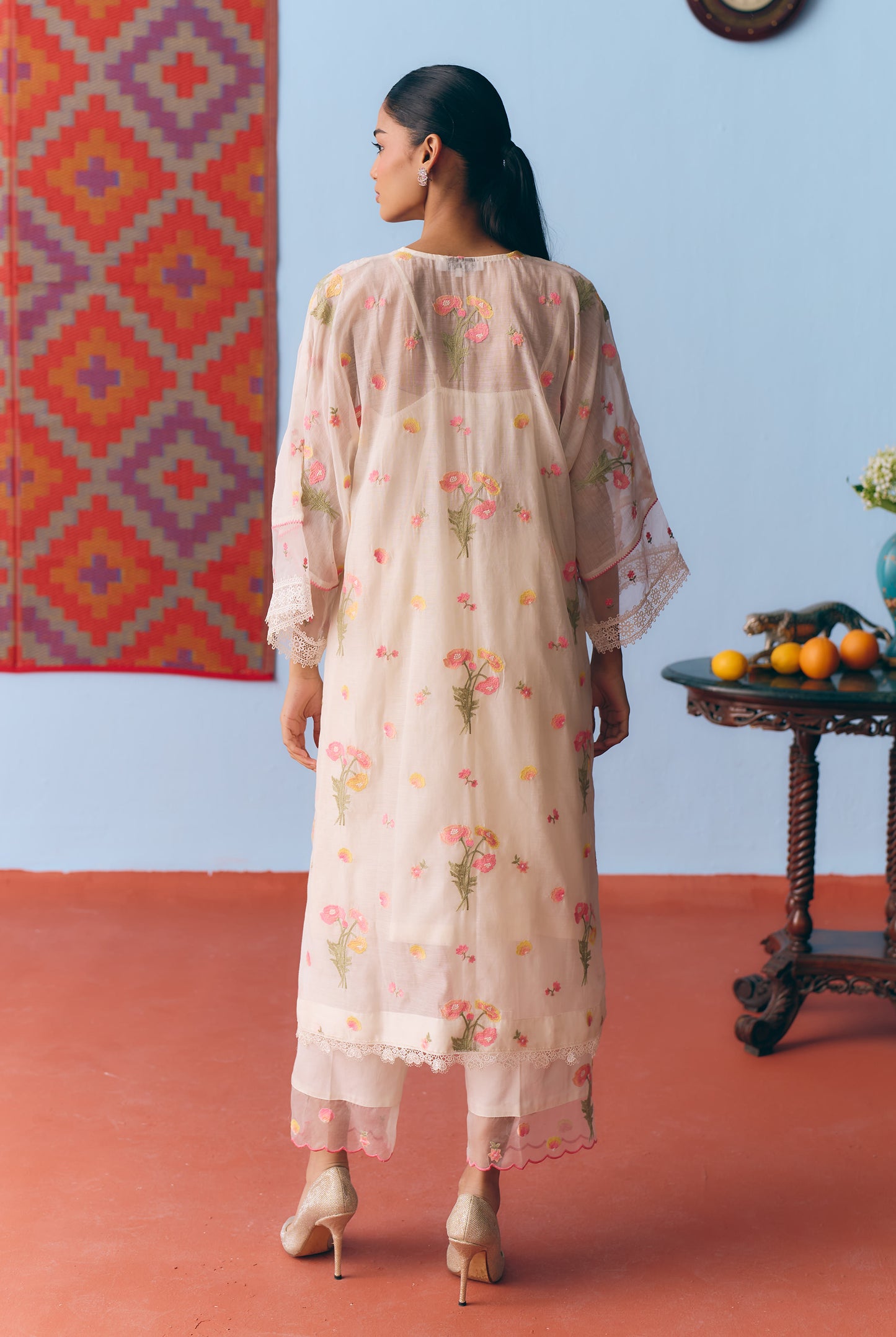White Chanderi Antifit Co-ord with Thread, Lace & Bead Embroidery