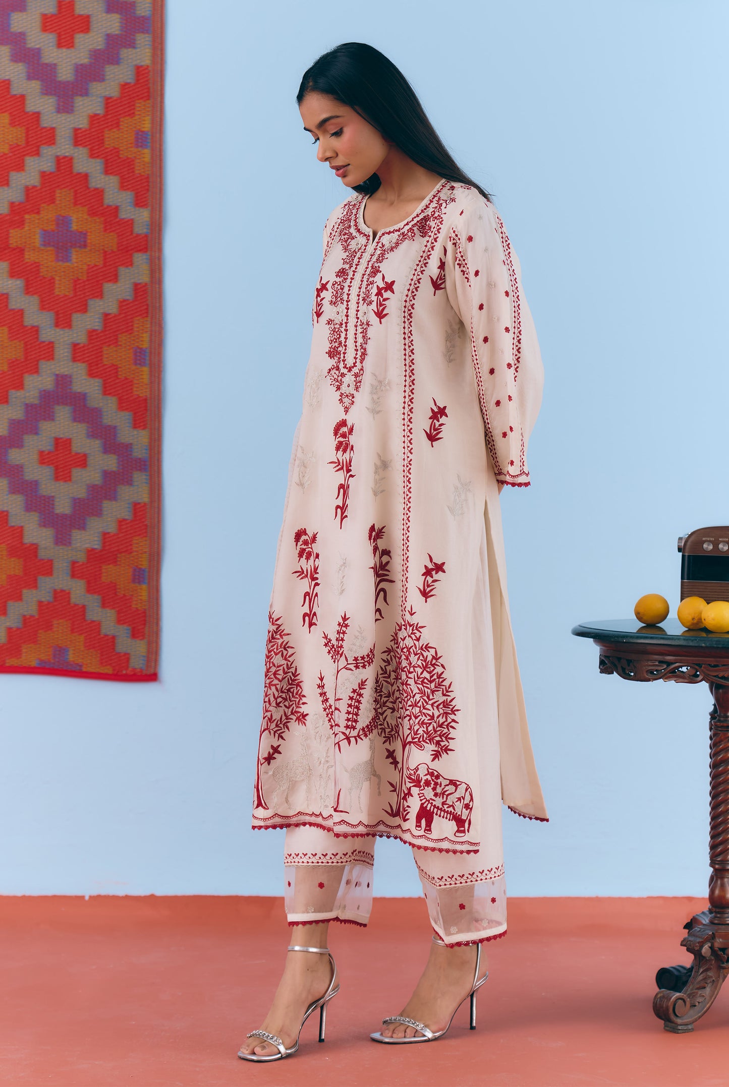 White Silk Chanderi Kurta Set with Deep Red & Silver Zari Embroidery