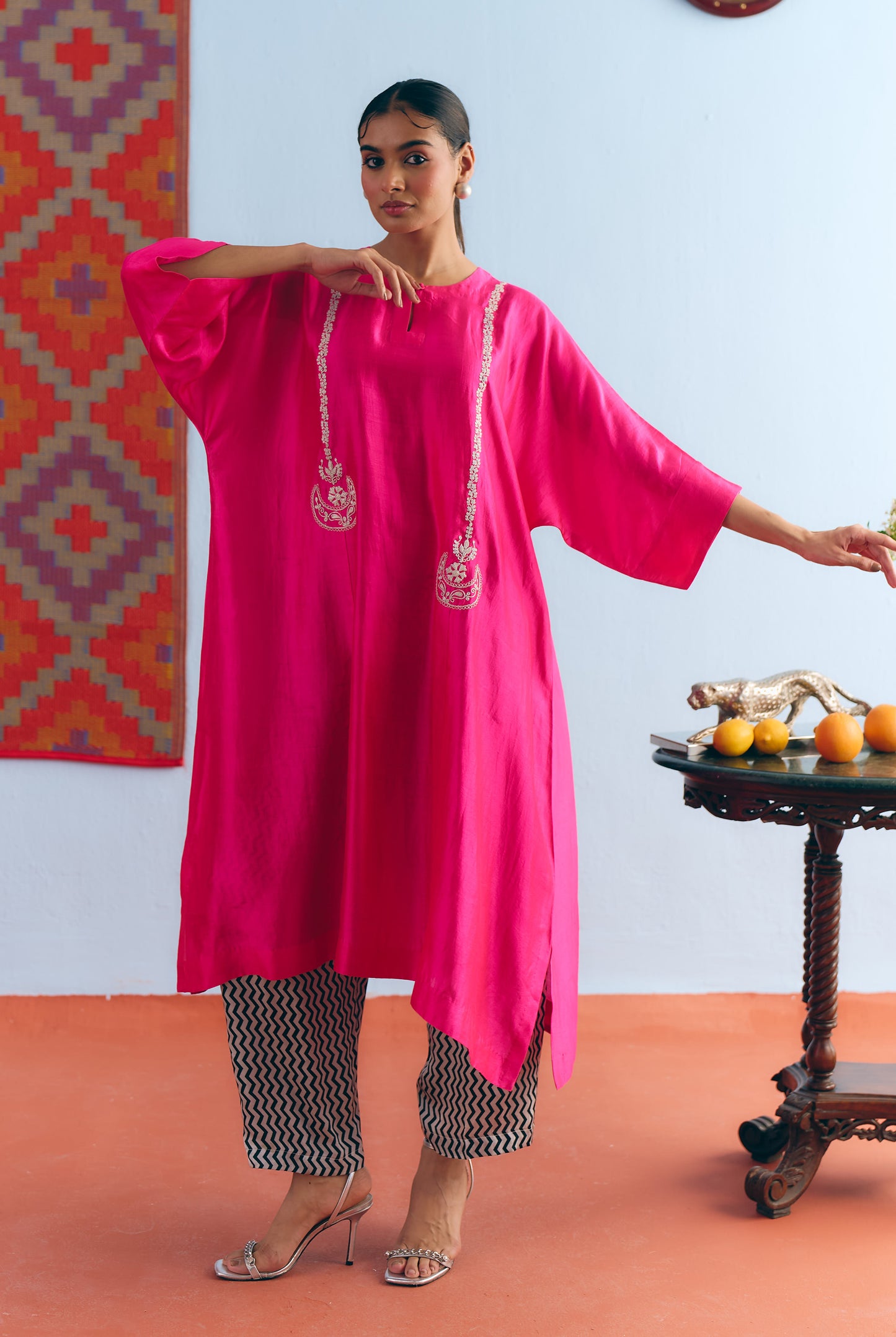 Hot Pink Chinya Silk Antifit Co-ord with Silver Zari Embroidery