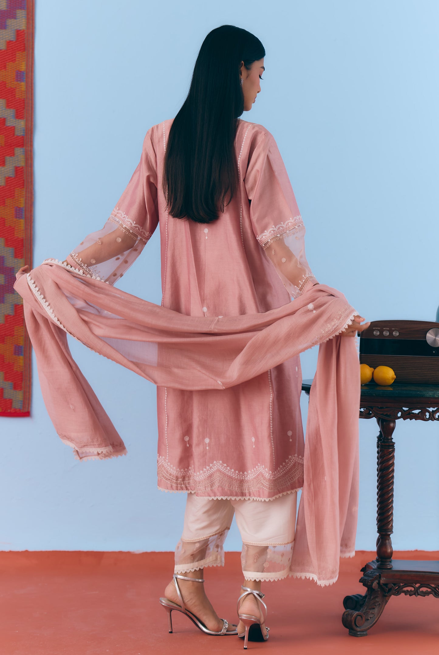 Dusky Pink Silk Chanderi Kurta Set with White Thread & Zari Embroidery