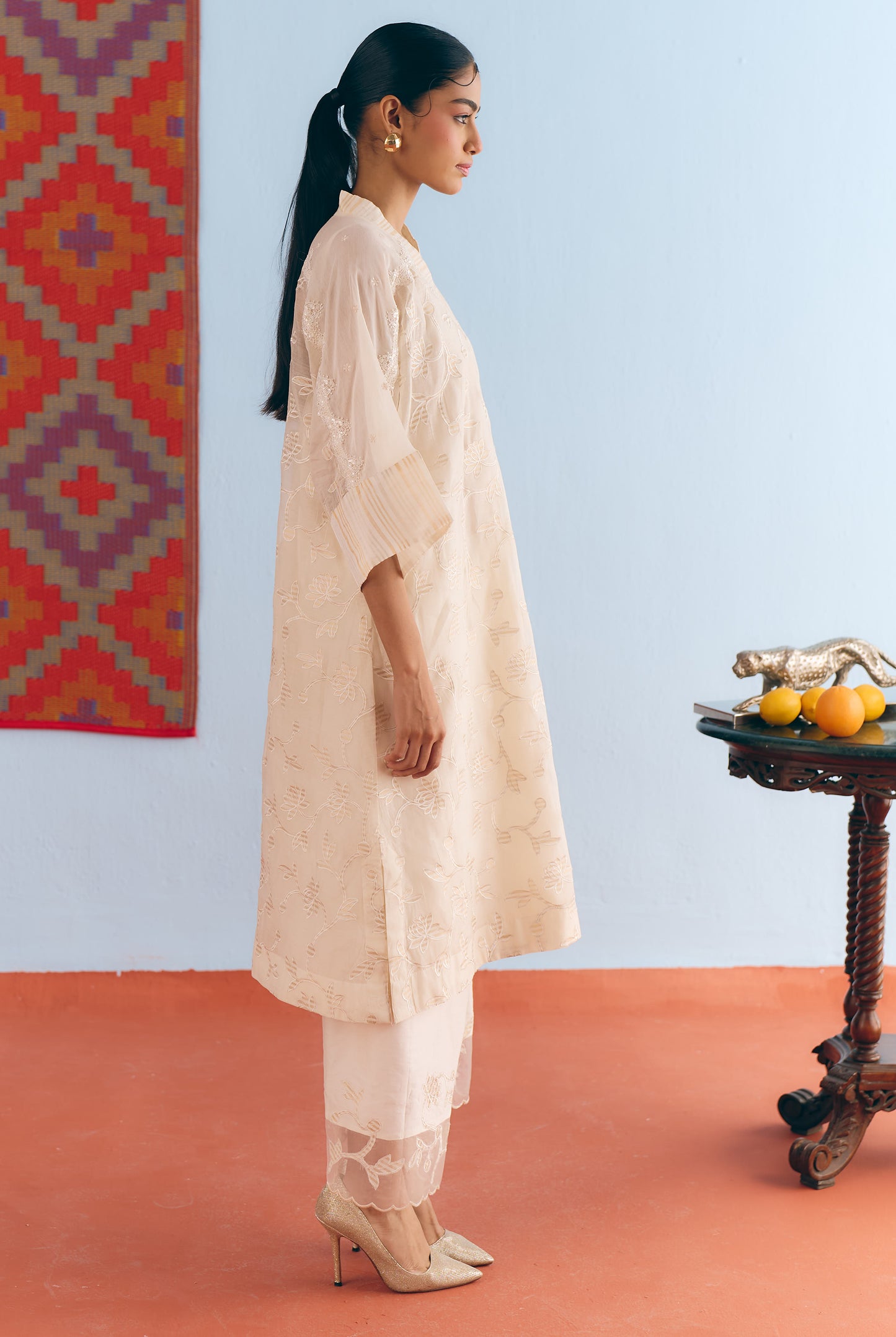 White Chanderi Antifit Co-ord with Dull Gold Tissue Appliqué