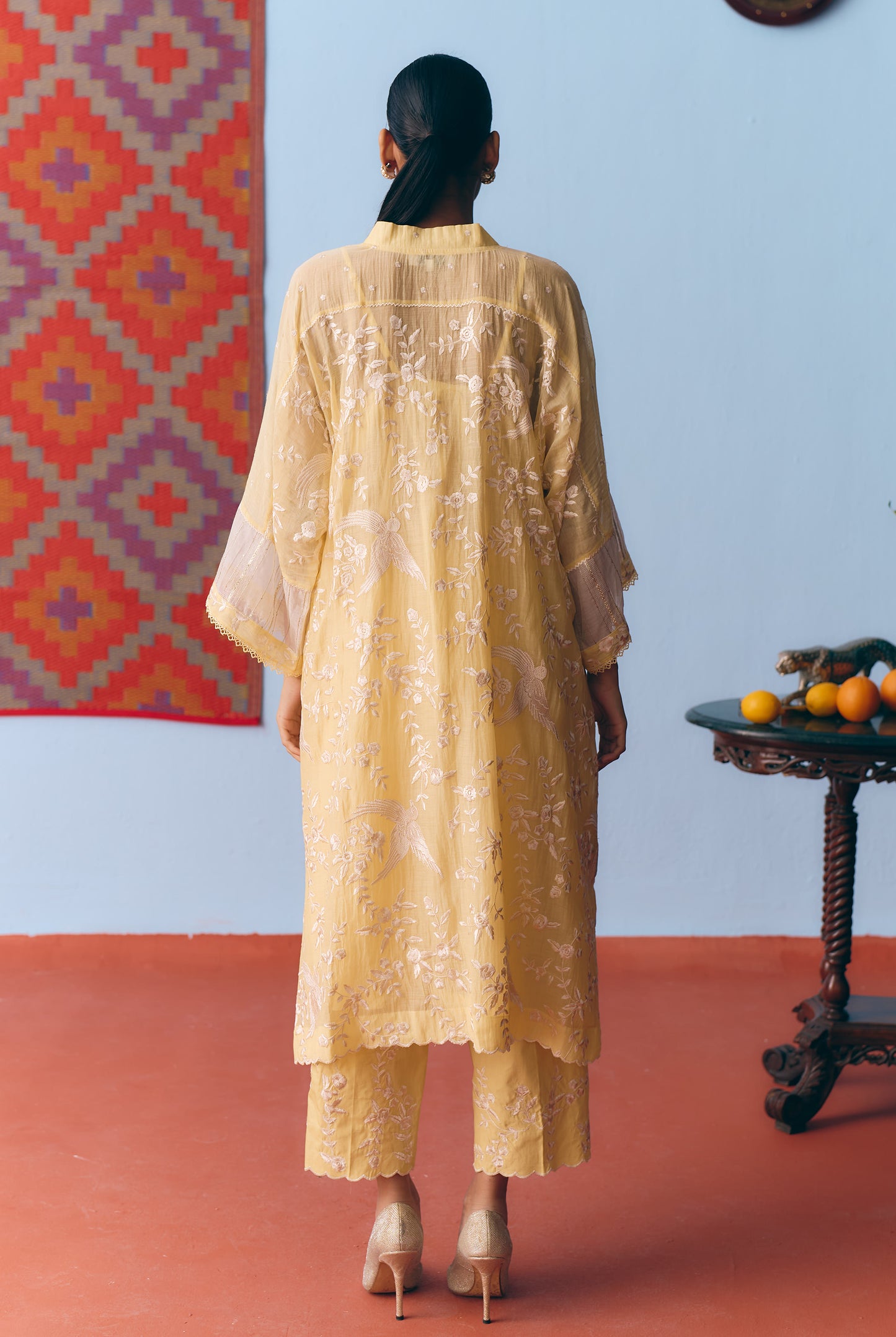 Lime Yellow Chanderi Antifit Co-ord with White Thread & Gota Embroidery