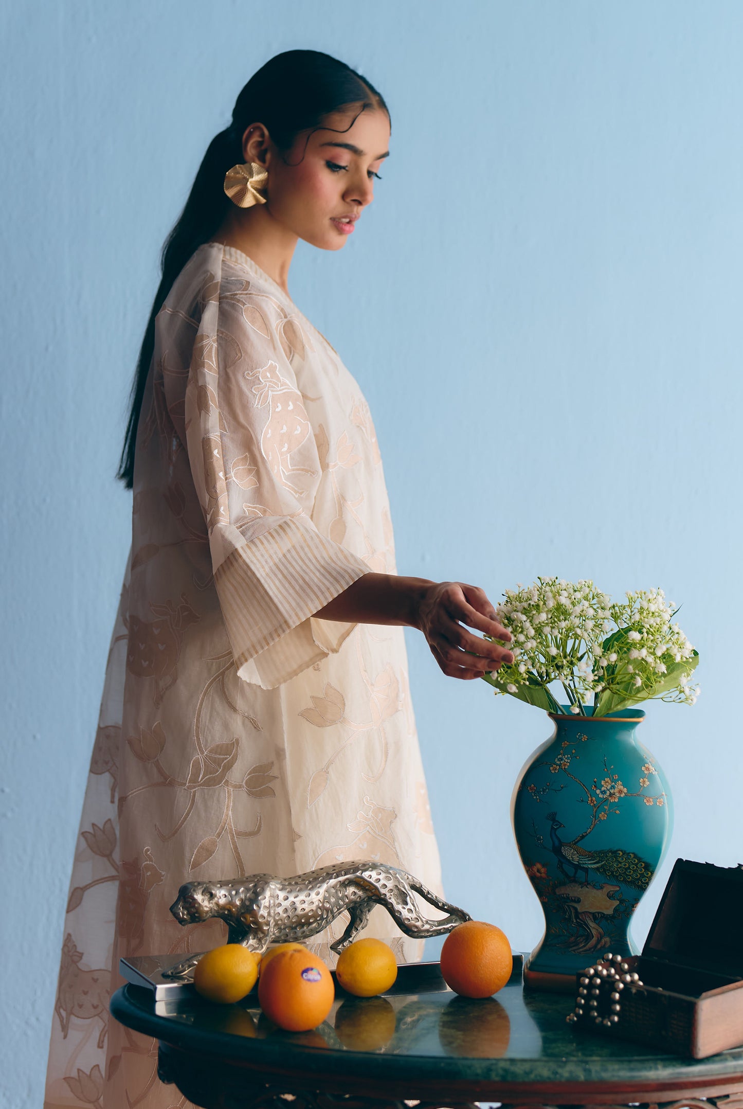 White Chanderi Antifit Co-ord with Dull Gold Tissue Appliqué