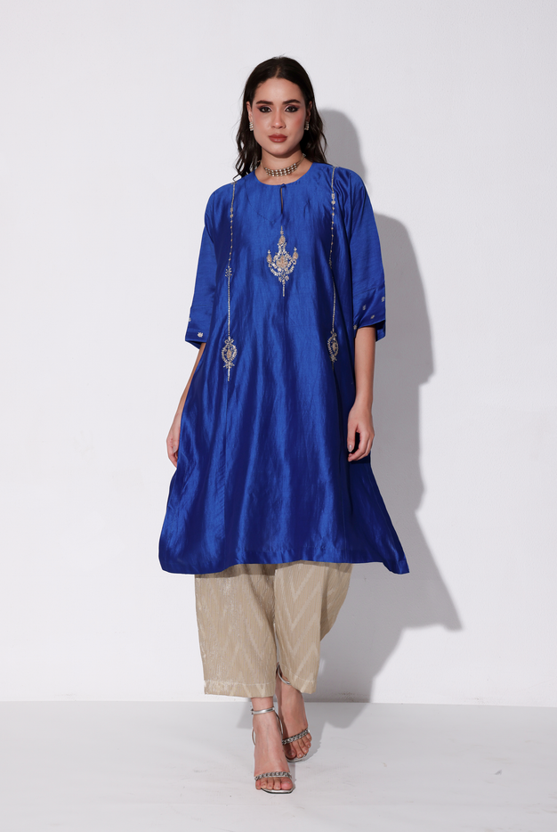 Indigo Blue Chiniya Silk Antifit Kurta Set