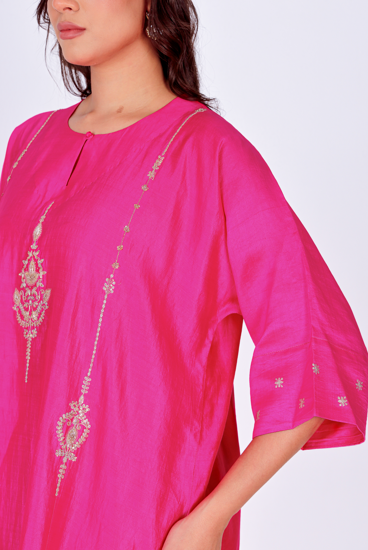 Fuchsia Chiniya Silk Antifit Kurta Set with Dabka & Dori Embroidery